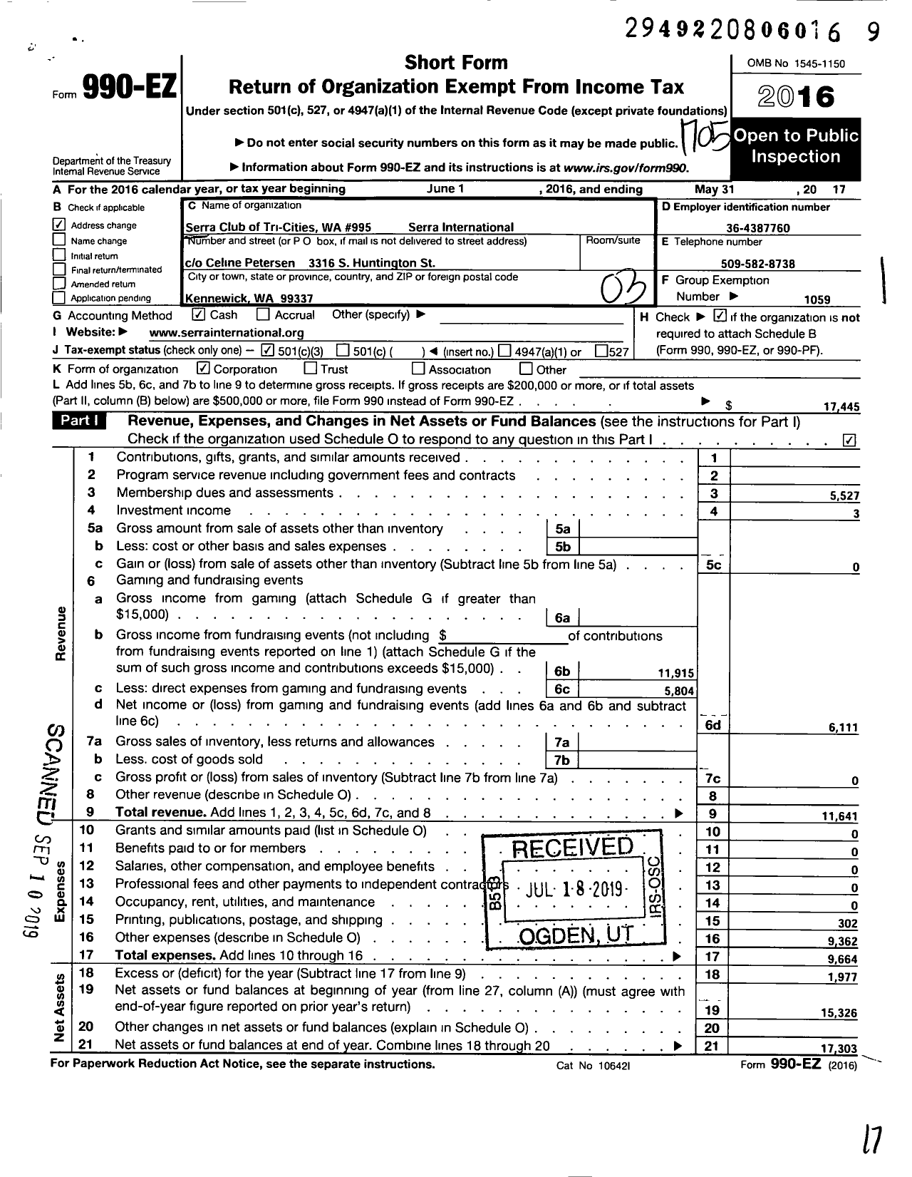 Image of first page of 2016 Form 990EZ for Serra International - 995 Tri-Cities Area