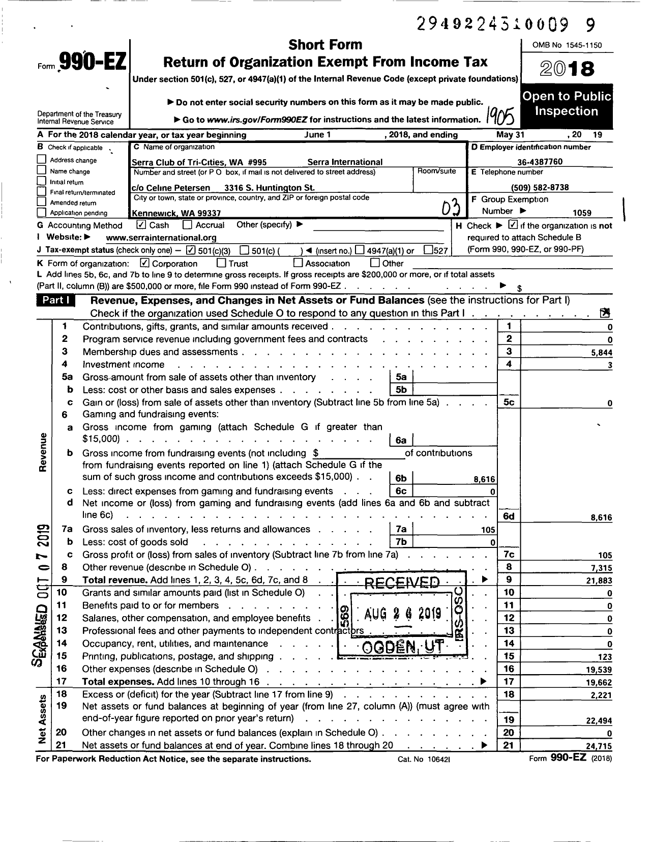 Image of first page of 2018 Form 990EZ for Serra International - 995 Tri-Cities Area