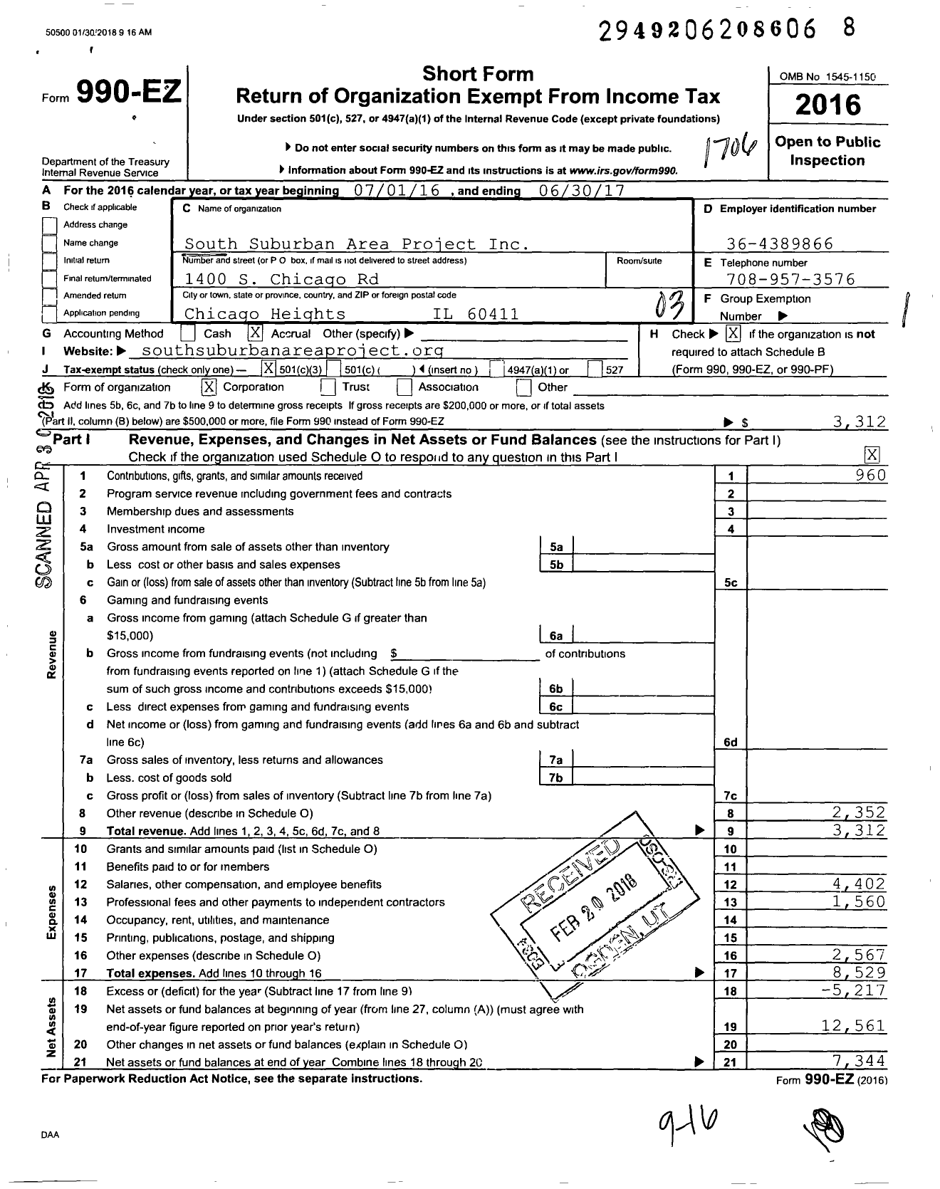 Image of first page of 2016 Form 990EZ for South Suburban Area Project