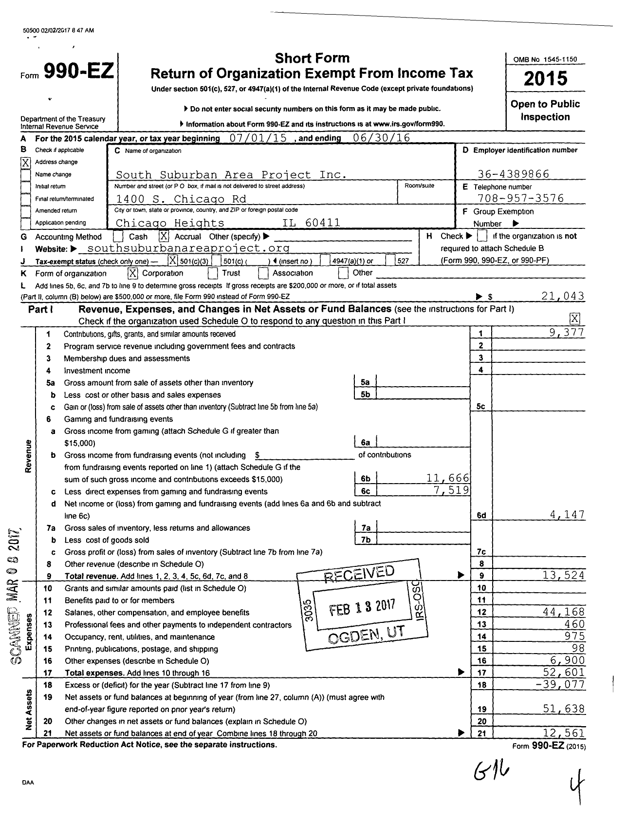 Image of first page of 2015 Form 990EZ for South Suburban Area Project