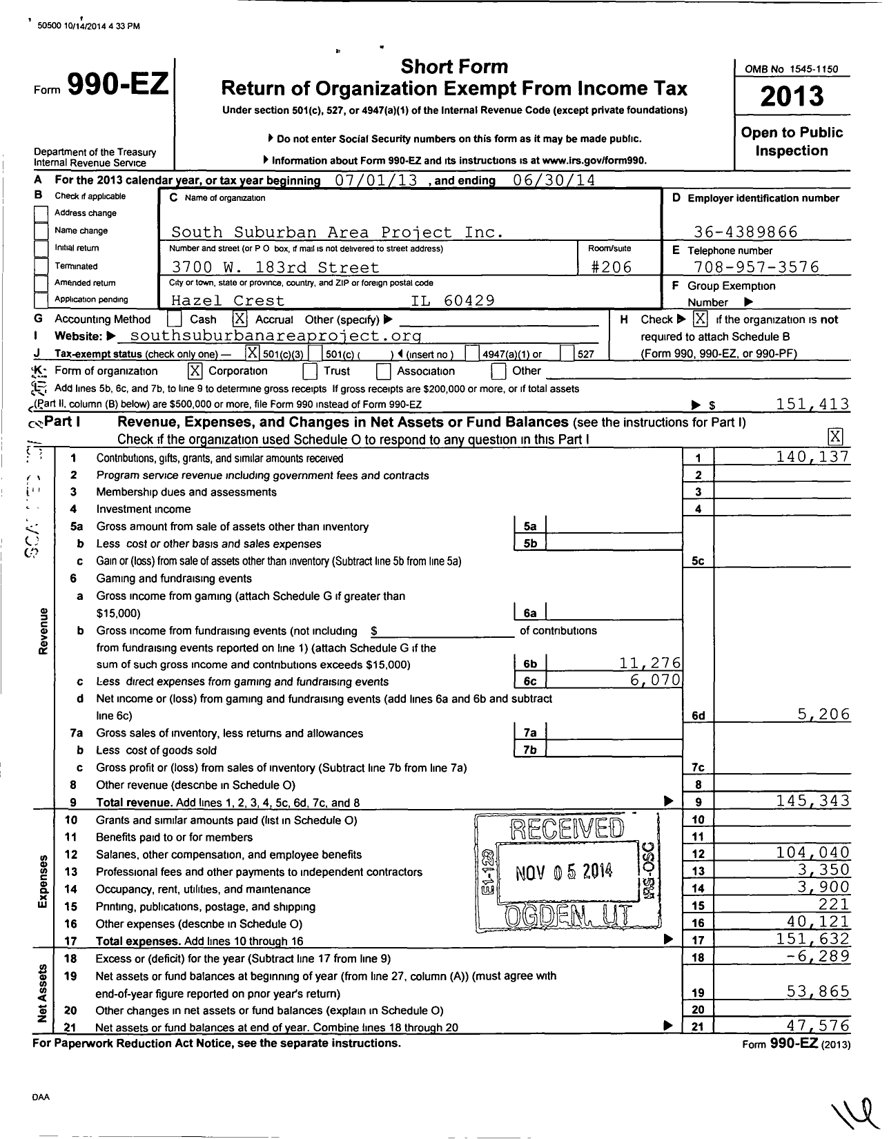 Image of first page of 2013 Form 990EZ for South Suburban Area Project