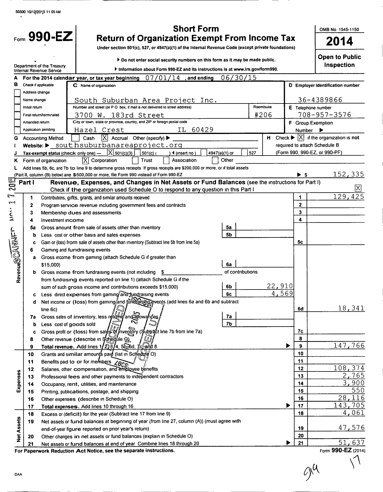 Image of first page of 2014 Form 990EZ for South Suburban Area Project