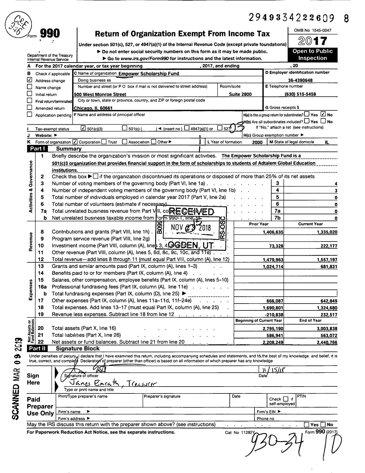 Image of first page of 2017 Form 990 for DeVry Education Group Scholarship Fund