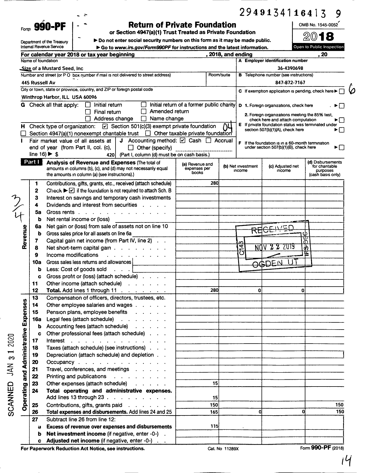 Image of first page of 2018 Form 990PF for Size of a Mustard Seed