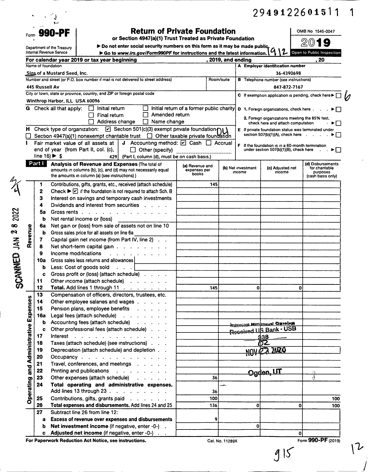 Image of first page of 2019 Form 990PF for Size of a Mustard Seed