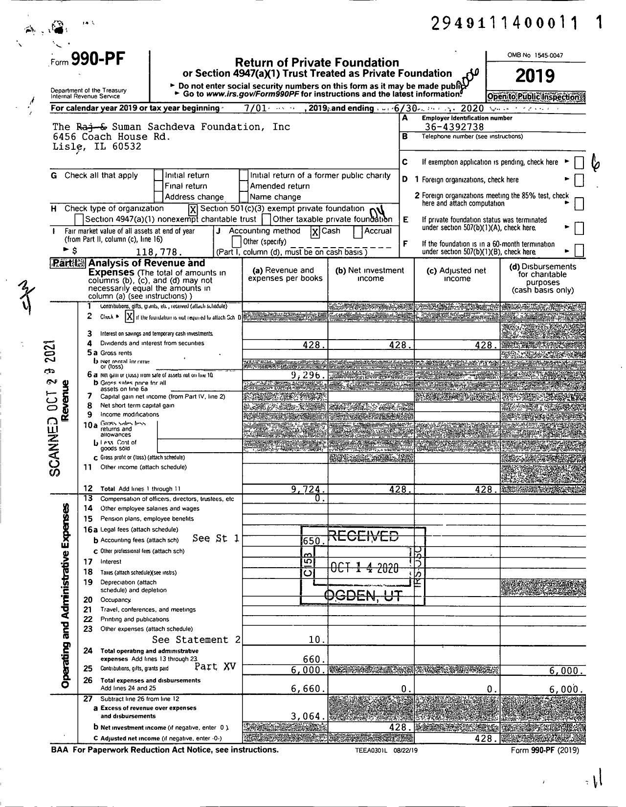 Image of first page of 2019 Form 990PF for The Raj and Suman Sachdeva Foundation