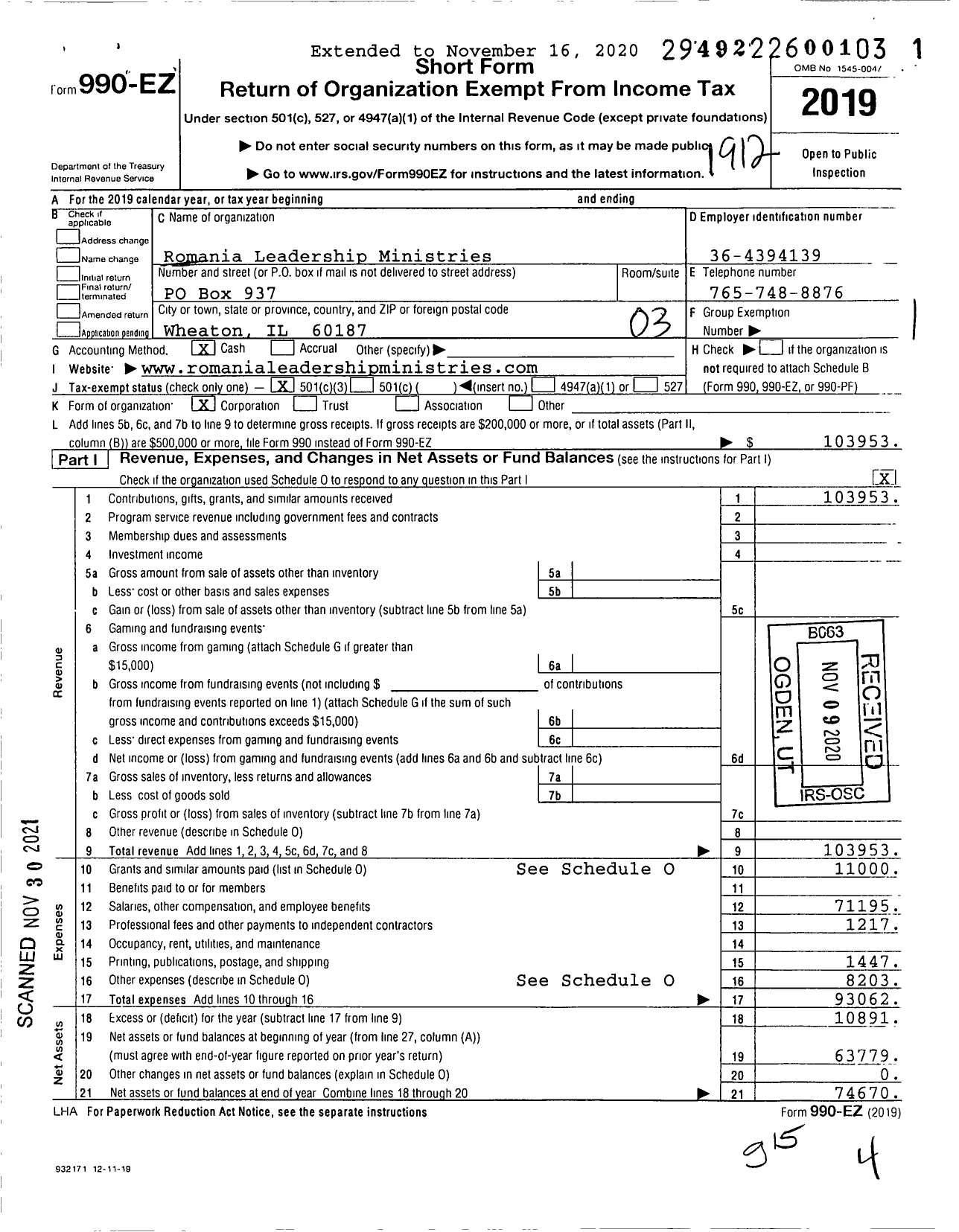 Image of first page of 2019 Form 990EZ for Romania Leadership Ministries