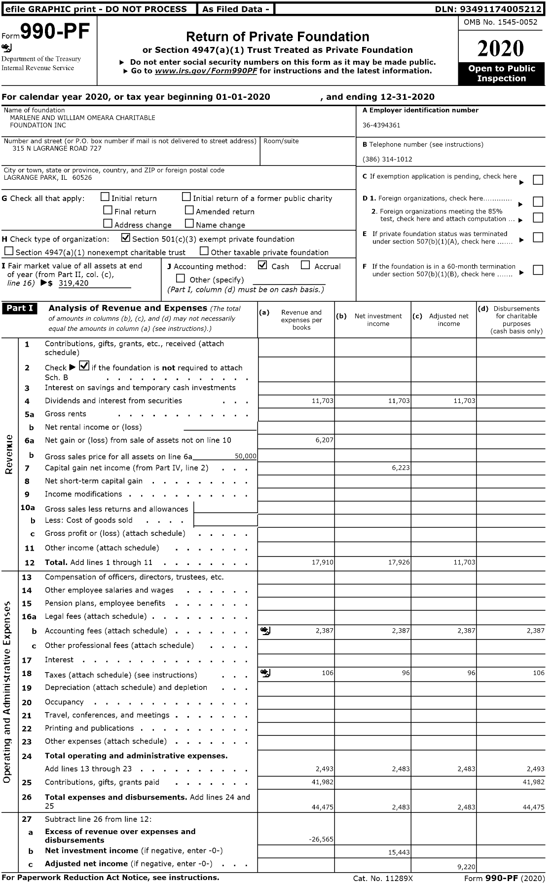 Image of first page of 2020 Form 990PF for Marlene and William Omeara Charitable Foundation