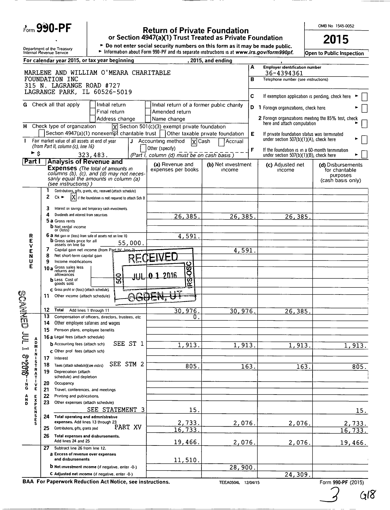 Image of first page of 2015 Form 990PF for Marlene and William Omeara Charitable Foundation