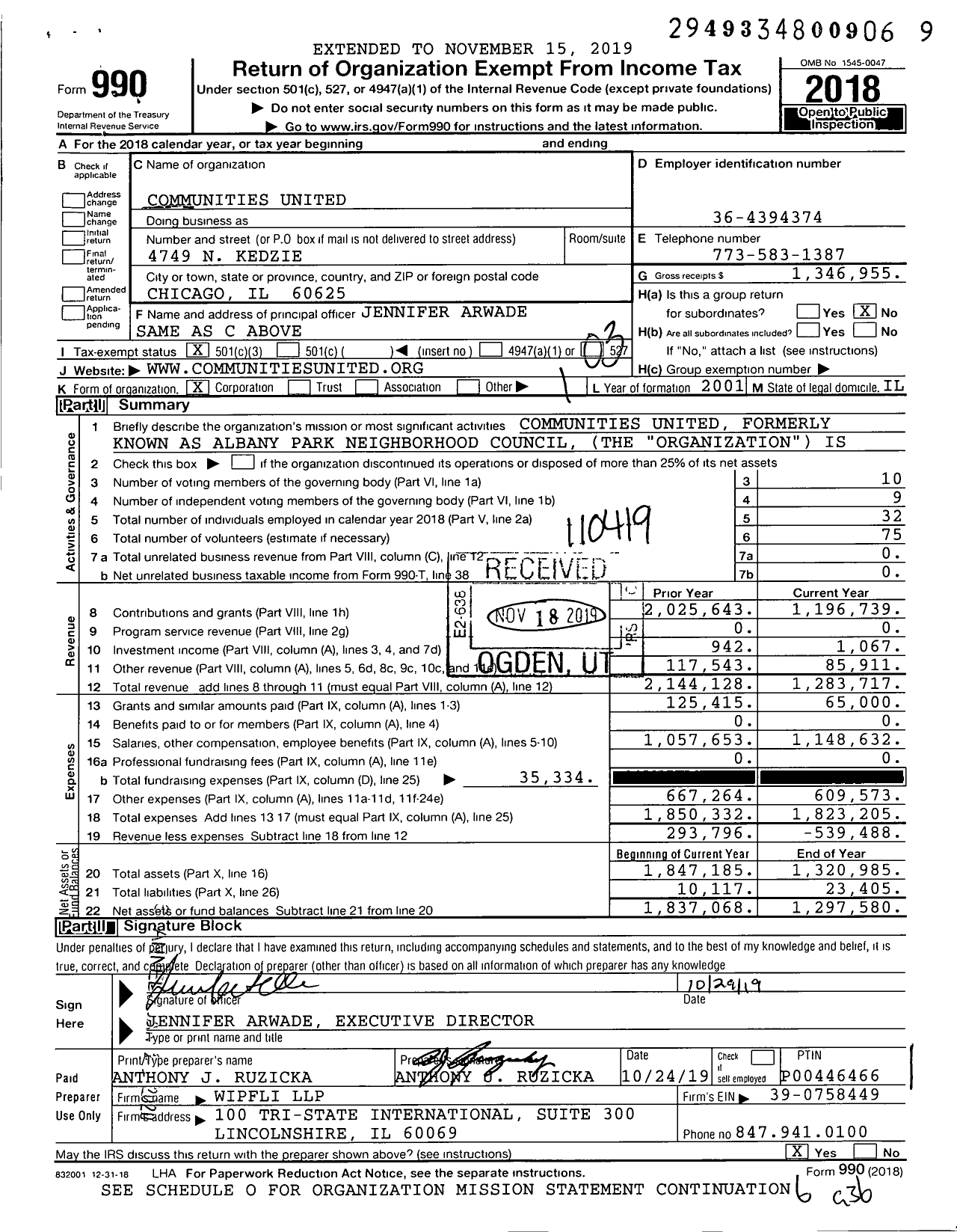Image of first page of 2018 Form 990 for Communities United