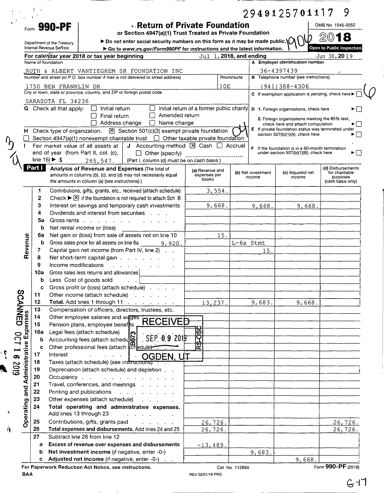 Image of first page of 2018 Form 990PF for Ruth and Albert Vantieghem SR Foundation