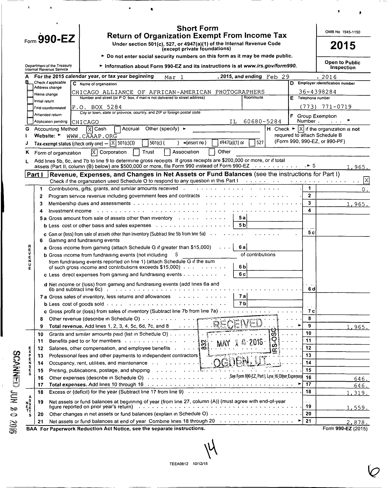 Image of first page of 2015 Form 990EZ for Chicago Alliance of African American Photographers