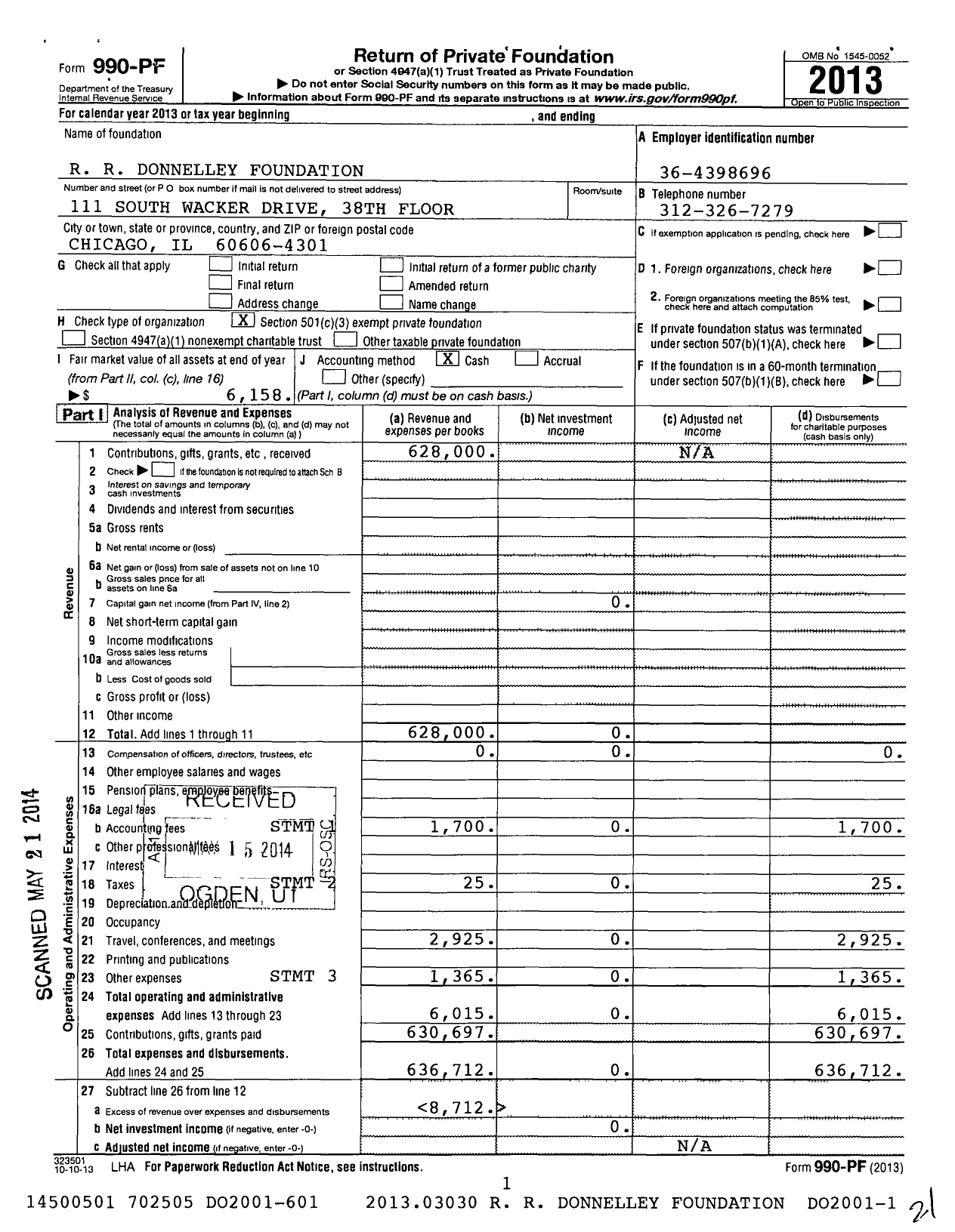 Image of first page of 2013 Form 990PF for R R Donnelley Foundation