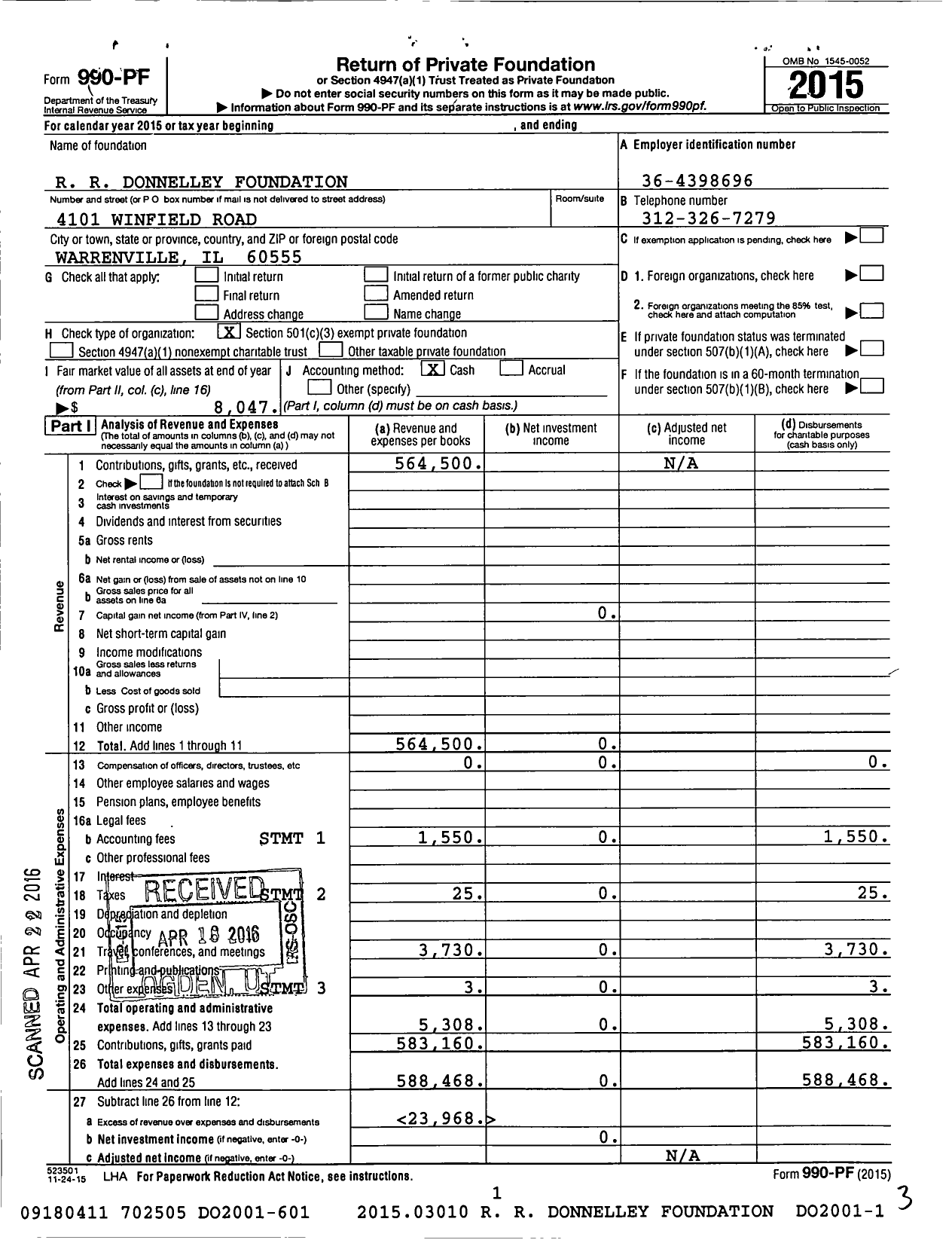 Image of first page of 2015 Form 990PF for R R Donnelley Foundation