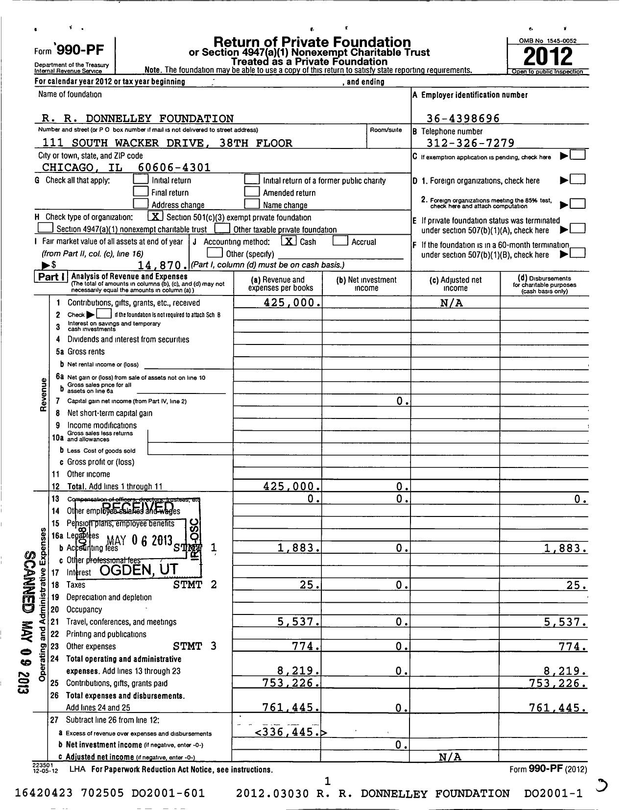 Image of first page of 2012 Form 990PF for R R Donnelley Foundation