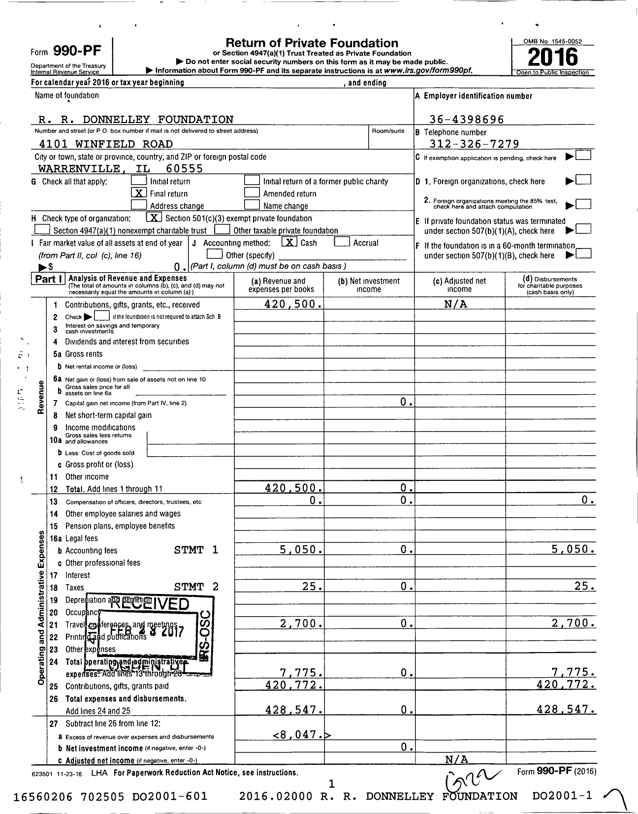 Image of first page of 2016 Form 990PF for R R Donnelley Foundation