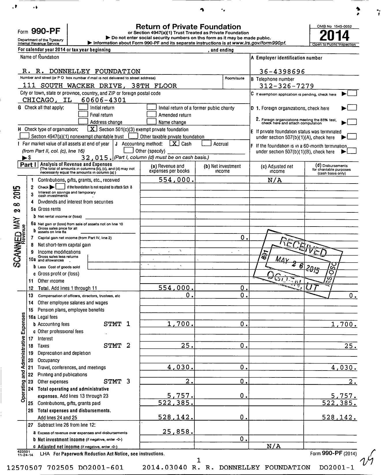 Image of first page of 2014 Form 990PF for R R Donnelley Foundation