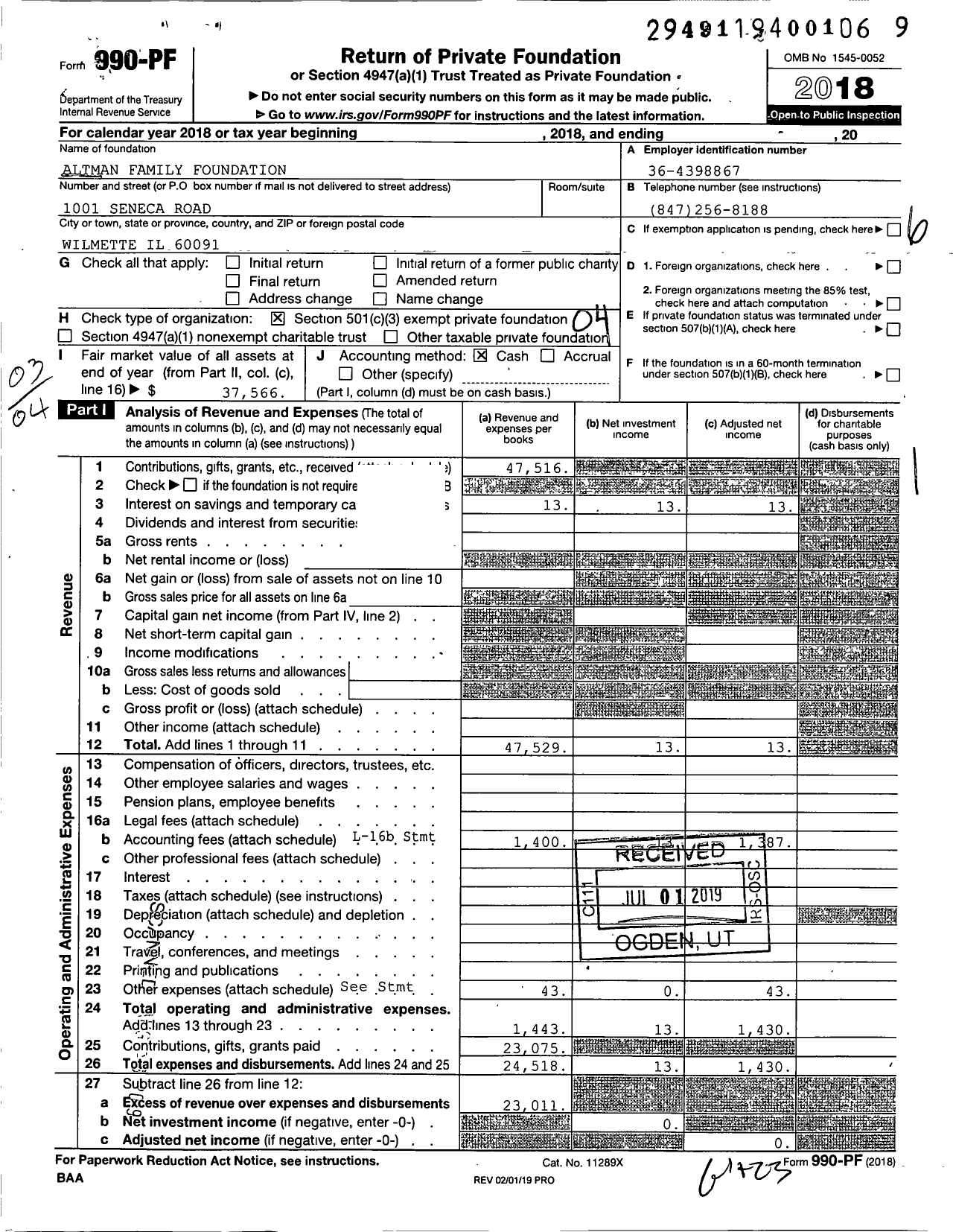 Image of first page of 2018 Form 990PF for Altman Family Foundation