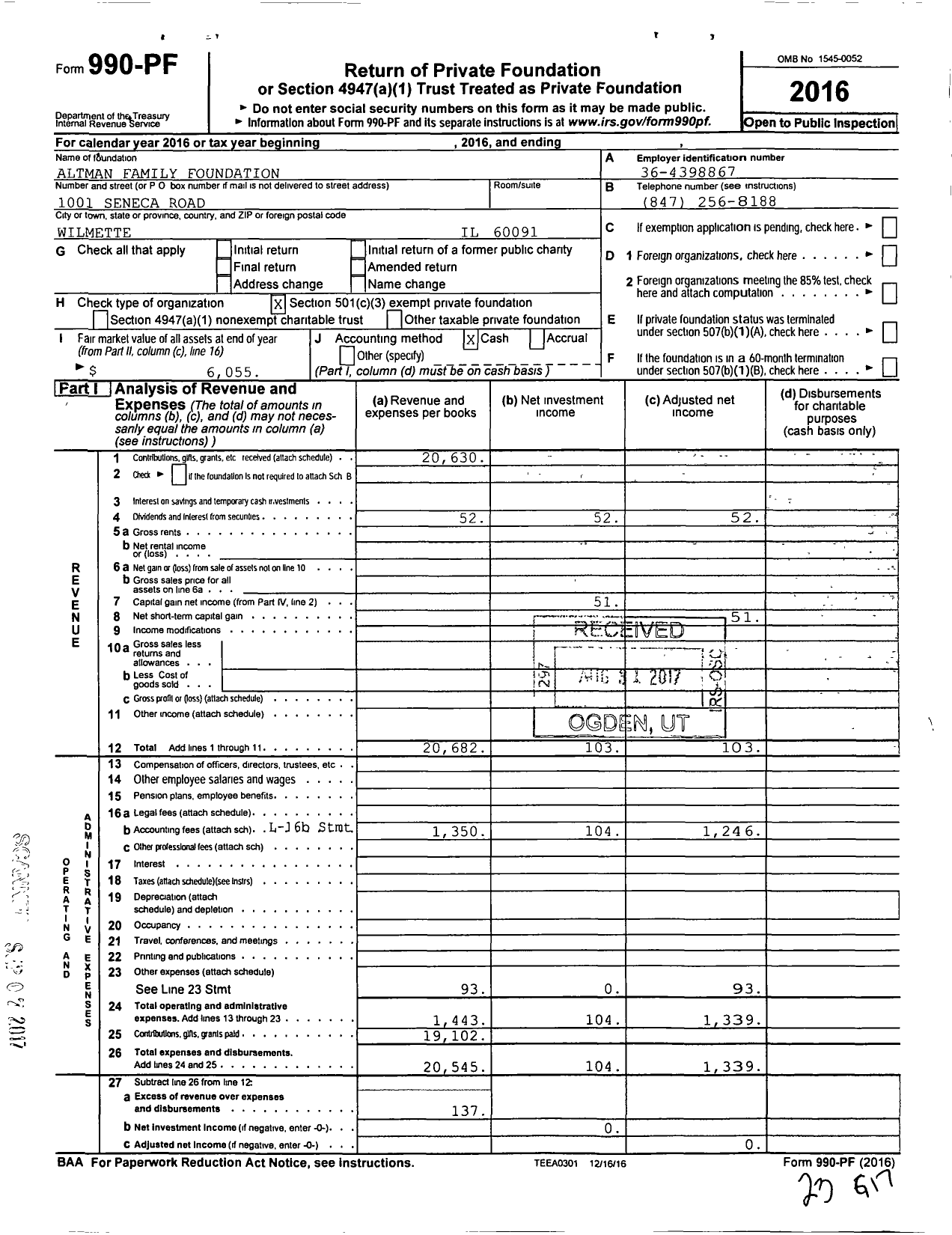 Image of first page of 2016 Form 990PF for Altman Family Foundation