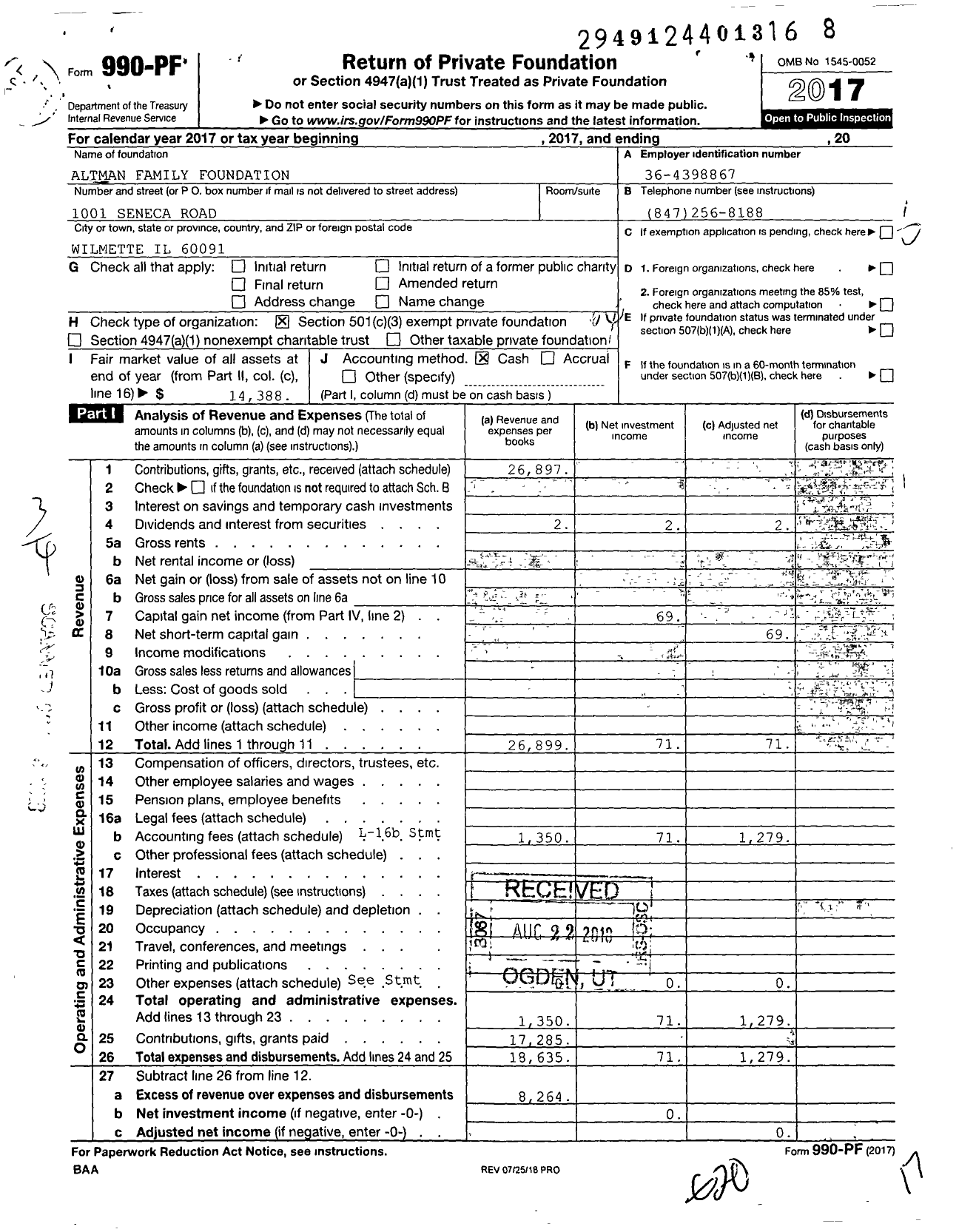 Image of first page of 2017 Form 990PF for Altman Family Foundation