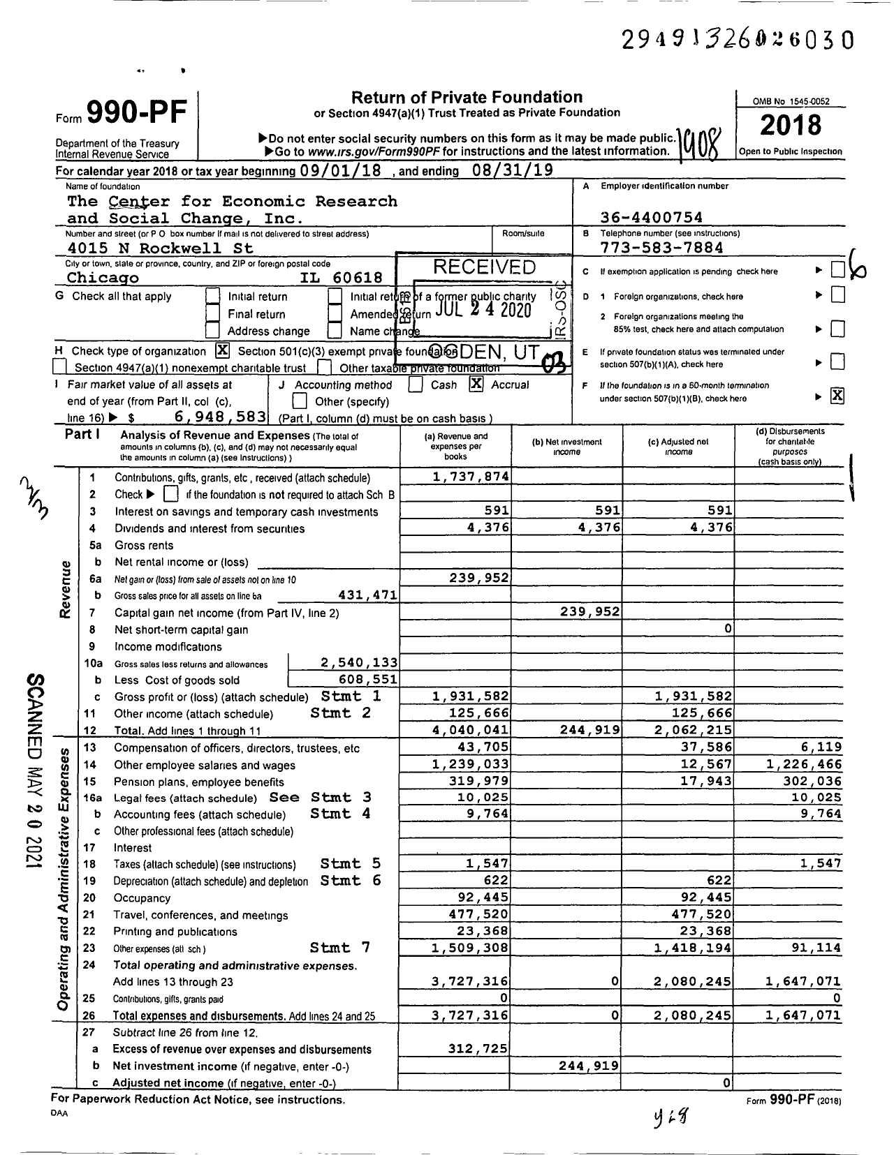 Image of first page of 2018 Form 990PF for Center for Economic Research and Social Change