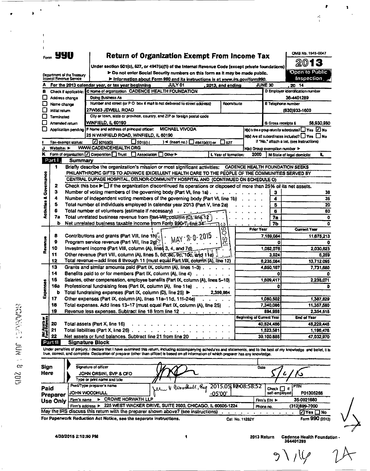 Image of first page of 2013 Form 990 for Cadence Health Foundation