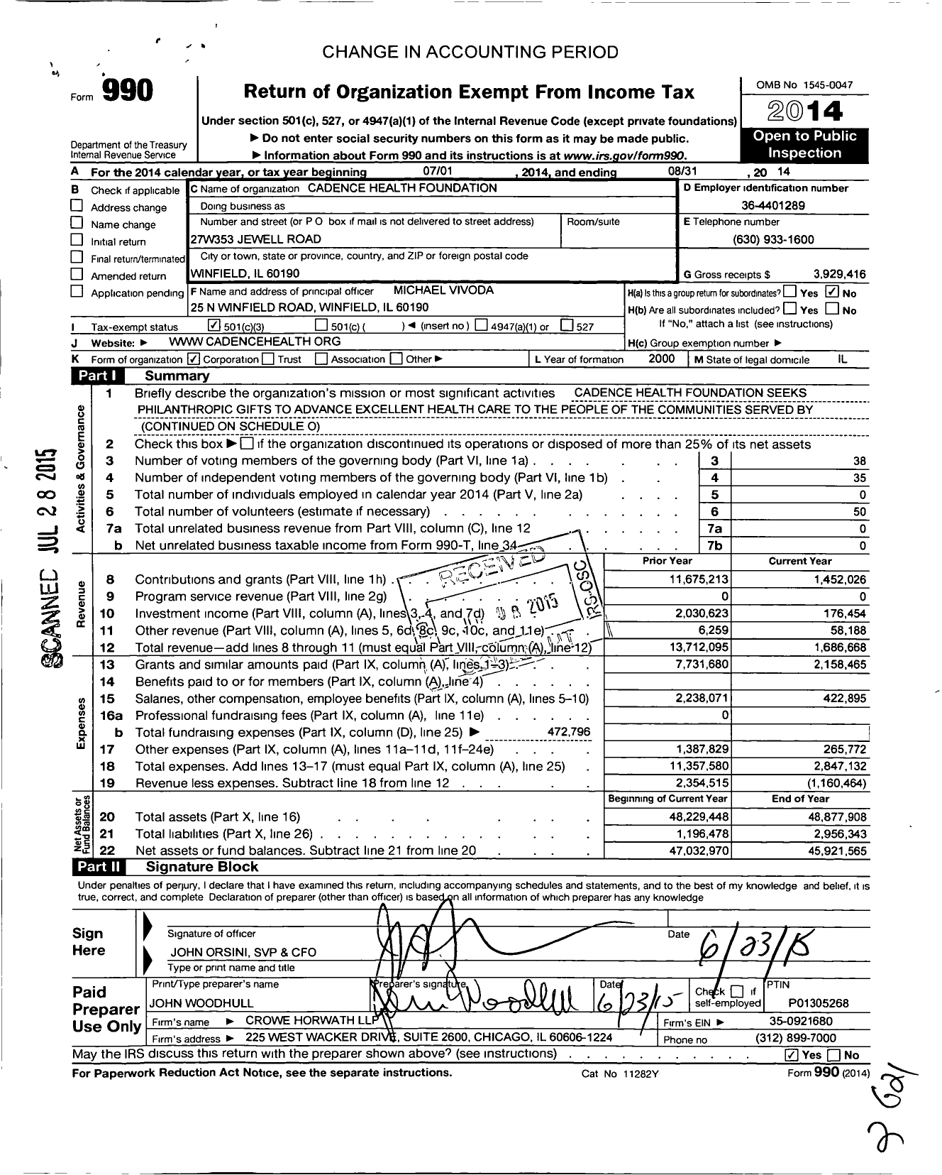 Image of first page of 2013 Form 990 for Cadence Health Foundation