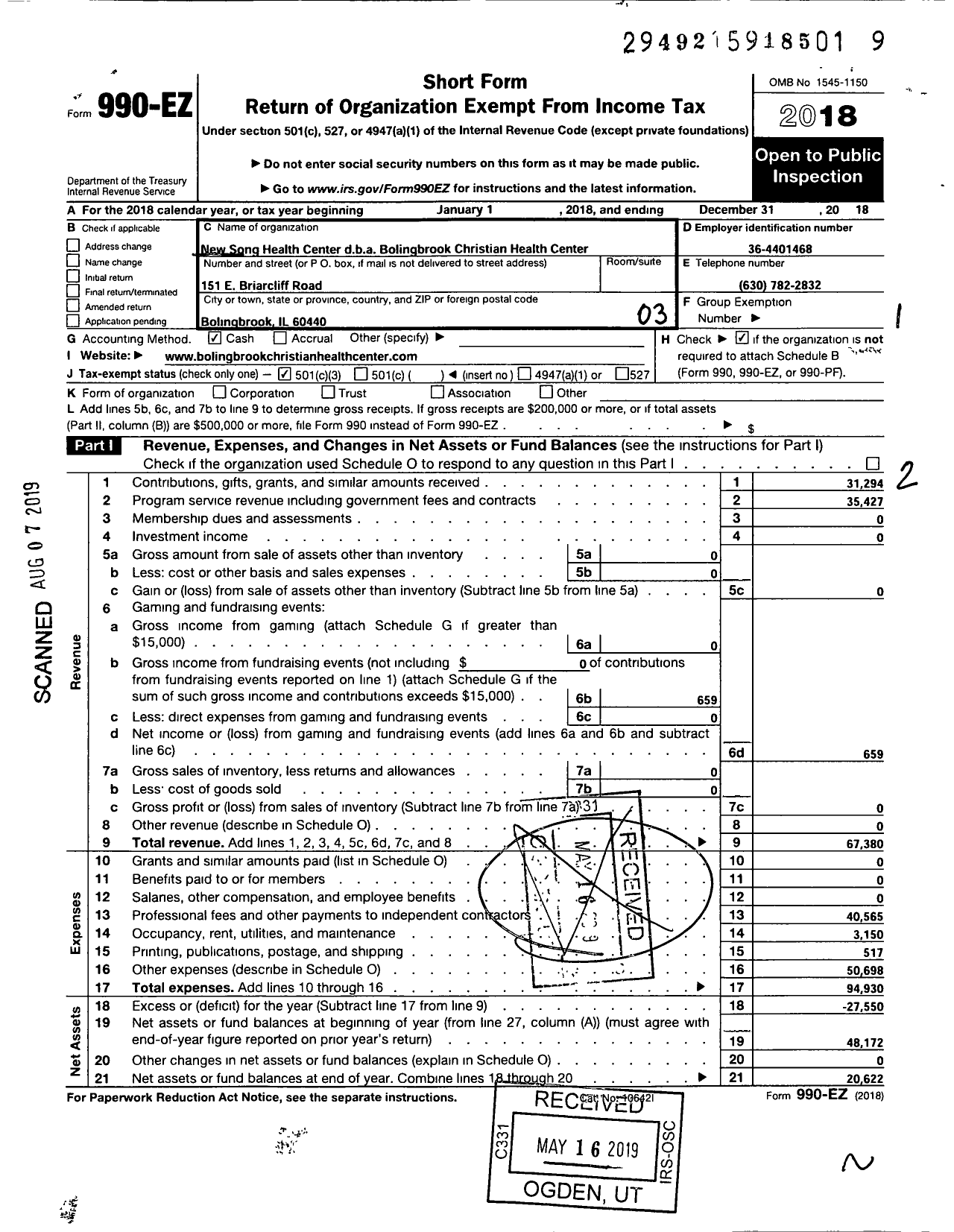 Image of first page of 2018 Form 990EZ for Bolingbrook Christian Health Center