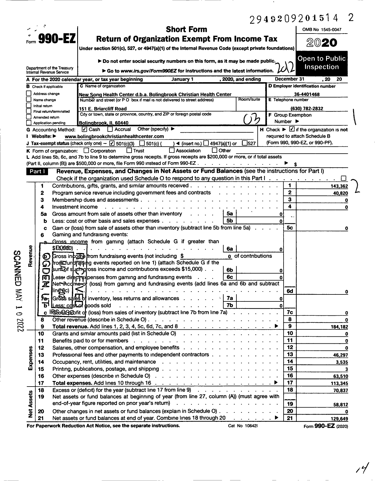 Image of first page of 2020 Form 990EZ for Bolingbrook Christian Health Center