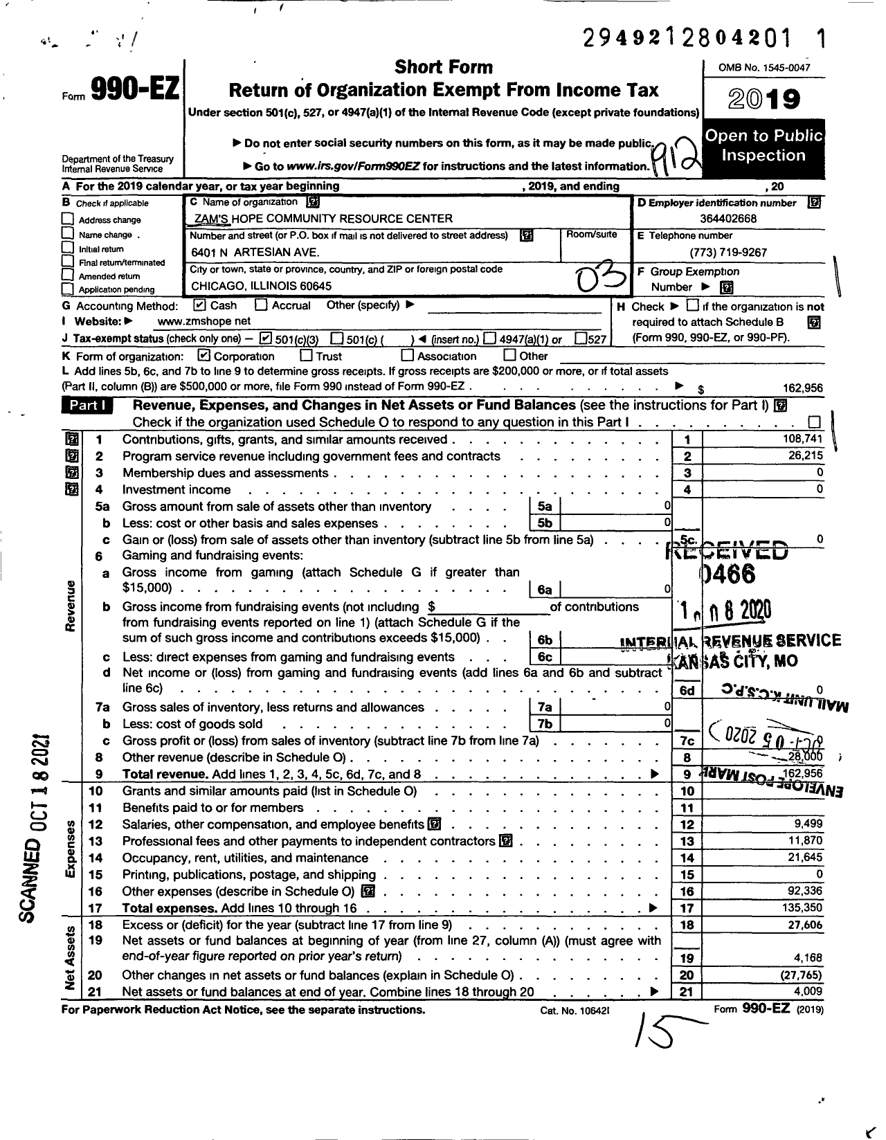 Image of first page of 2019 Form 990EZ for Zam's Hope