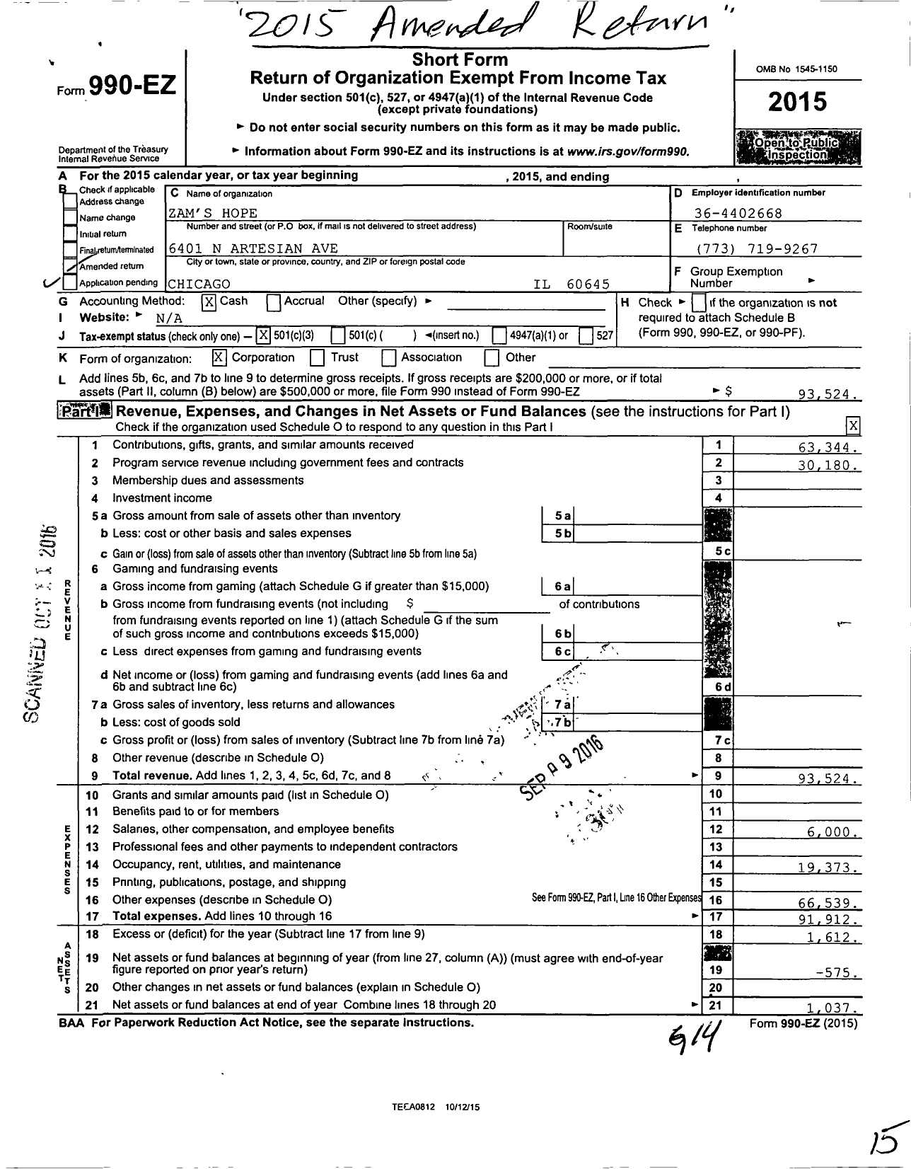 Image of first page of 2015 Form 990EZ for Zam's Hope