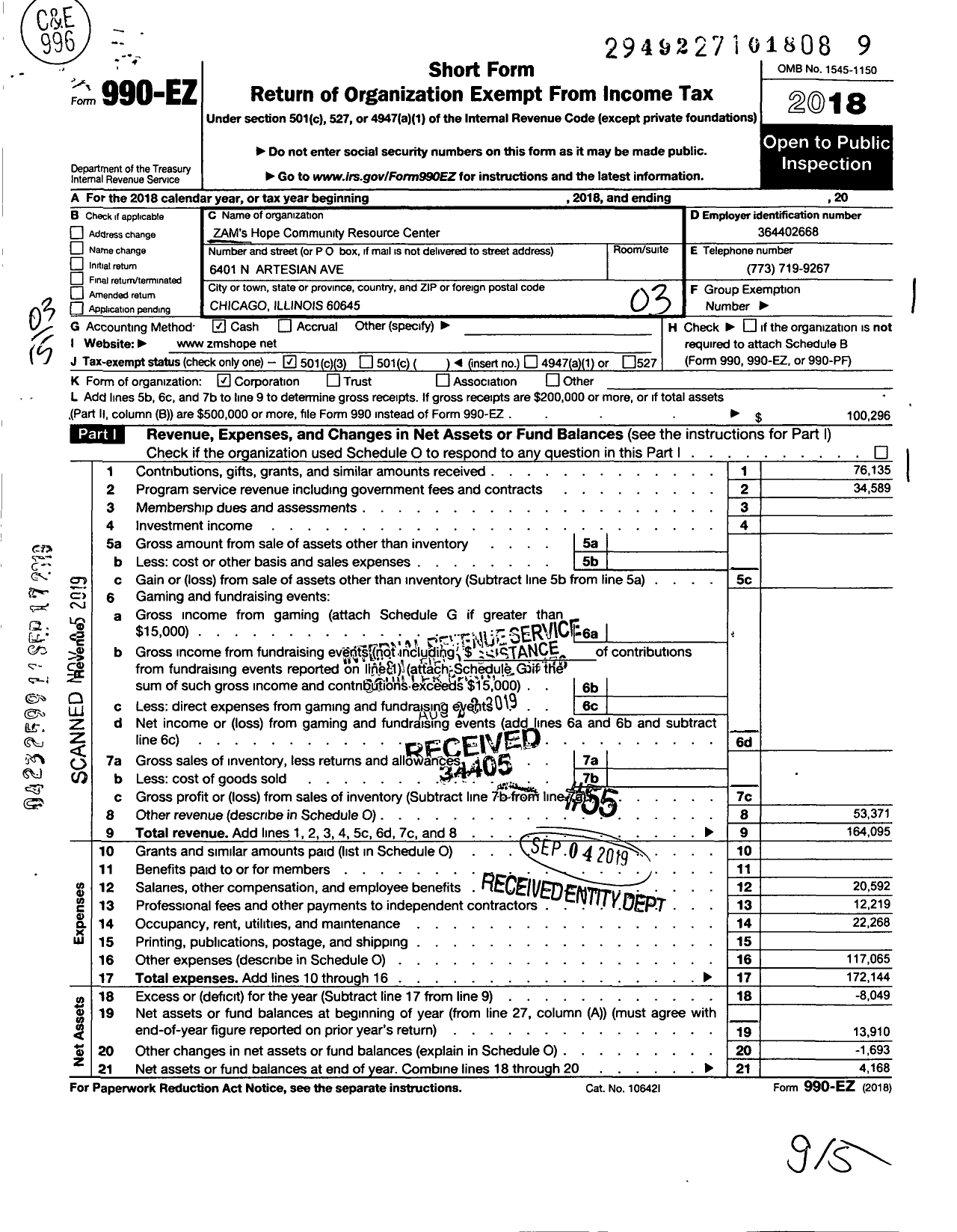 Image of first page of 2018 Form 990EZ for Zam's Hope