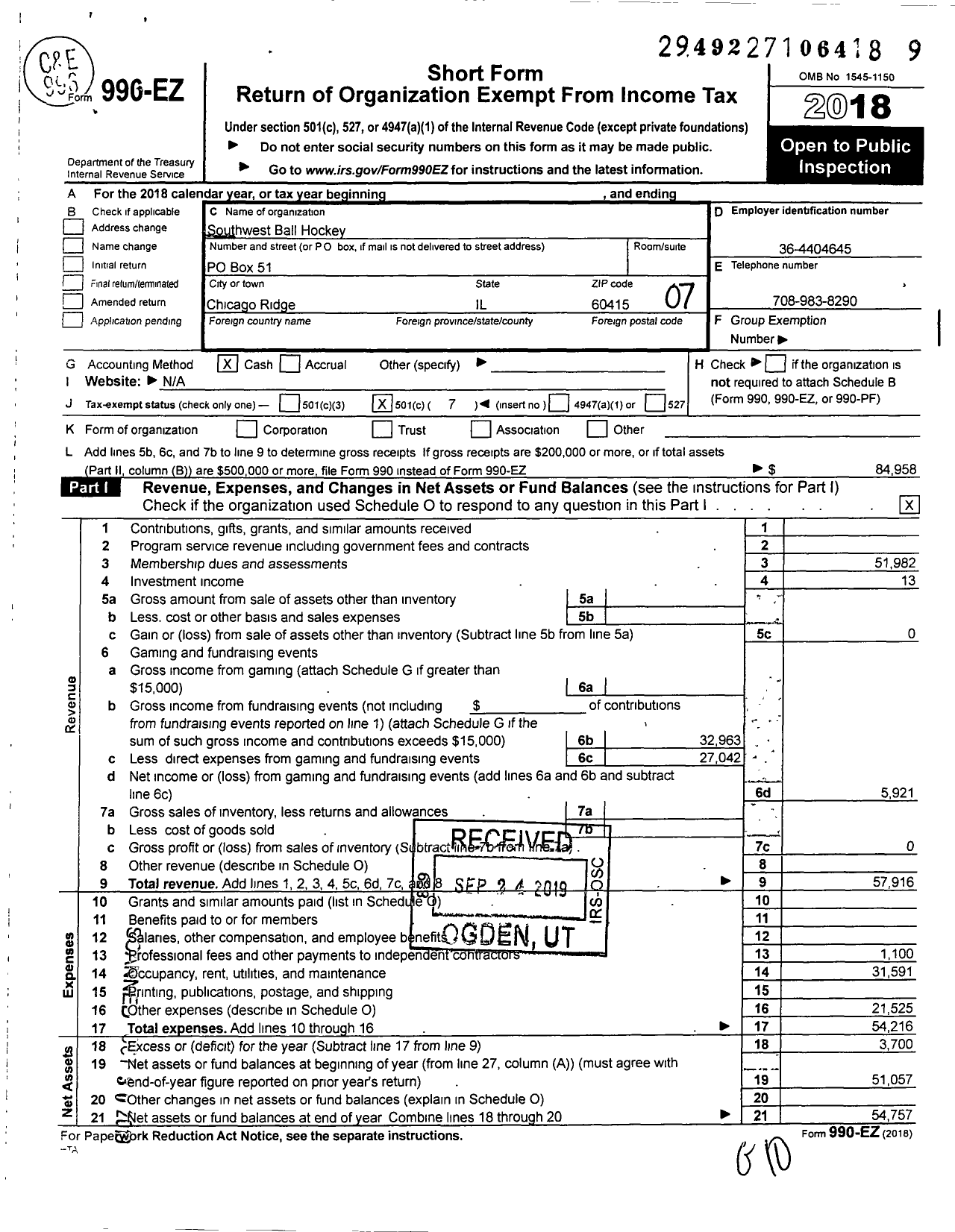 Image of first page of 2018 Form 990EO for Southwest Ball Hockey