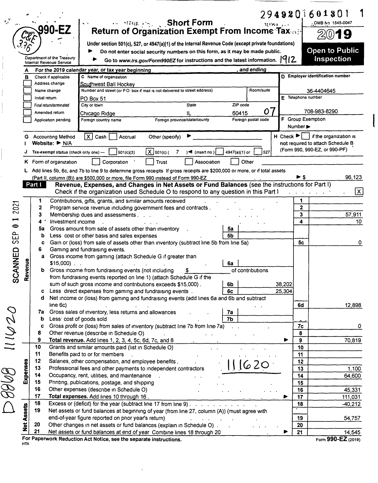 Image of first page of 2019 Form 990EO for Southwest Ball Hockey