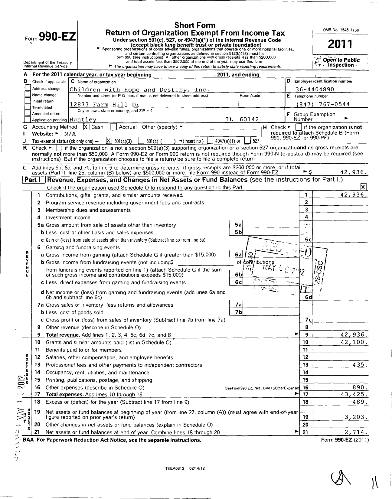 Image of first page of 2011 Form 990EZ for Children with Hope and Destiny