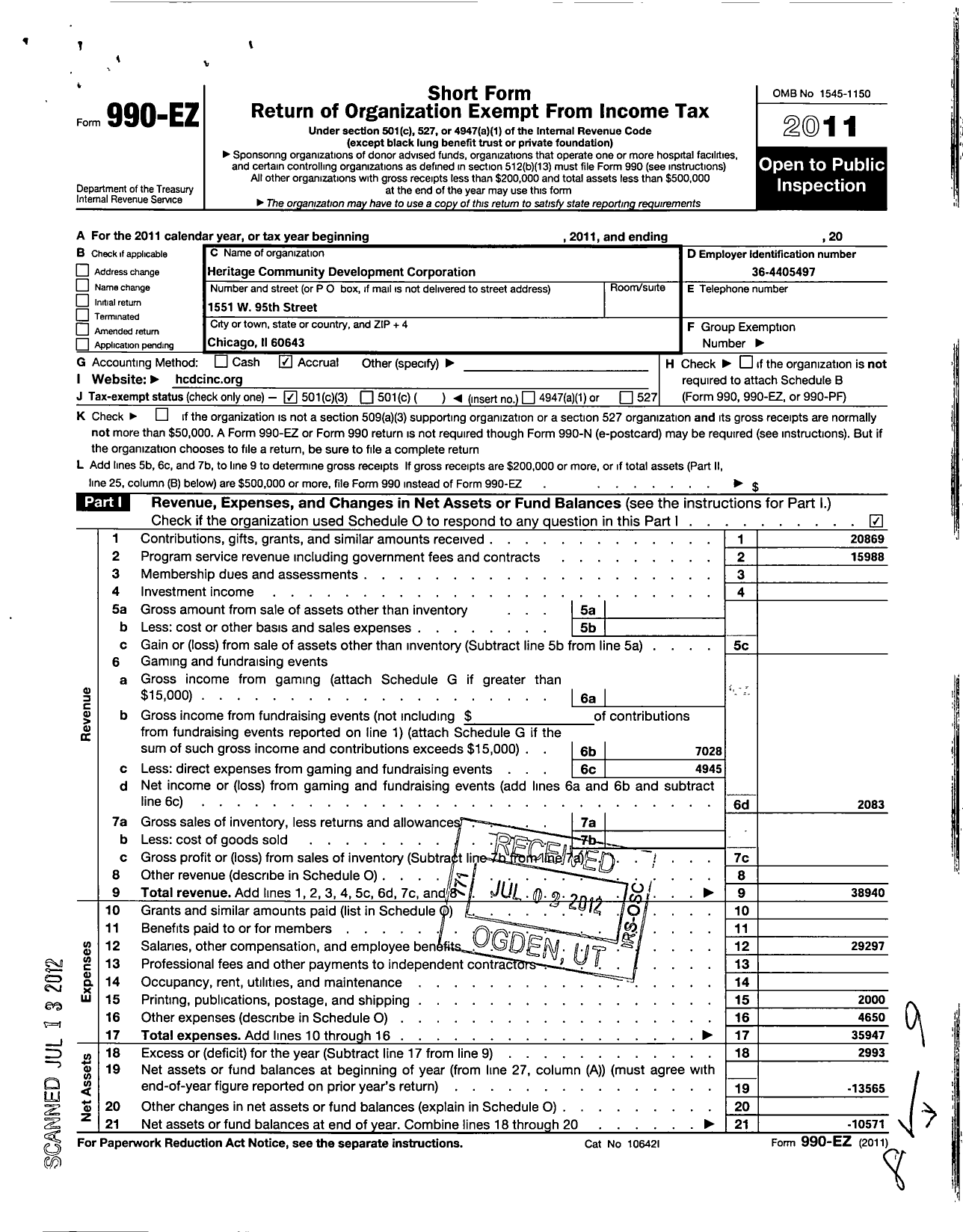 Image of first page of 2011 Form 990EZ for Heritage Community Development Corporation