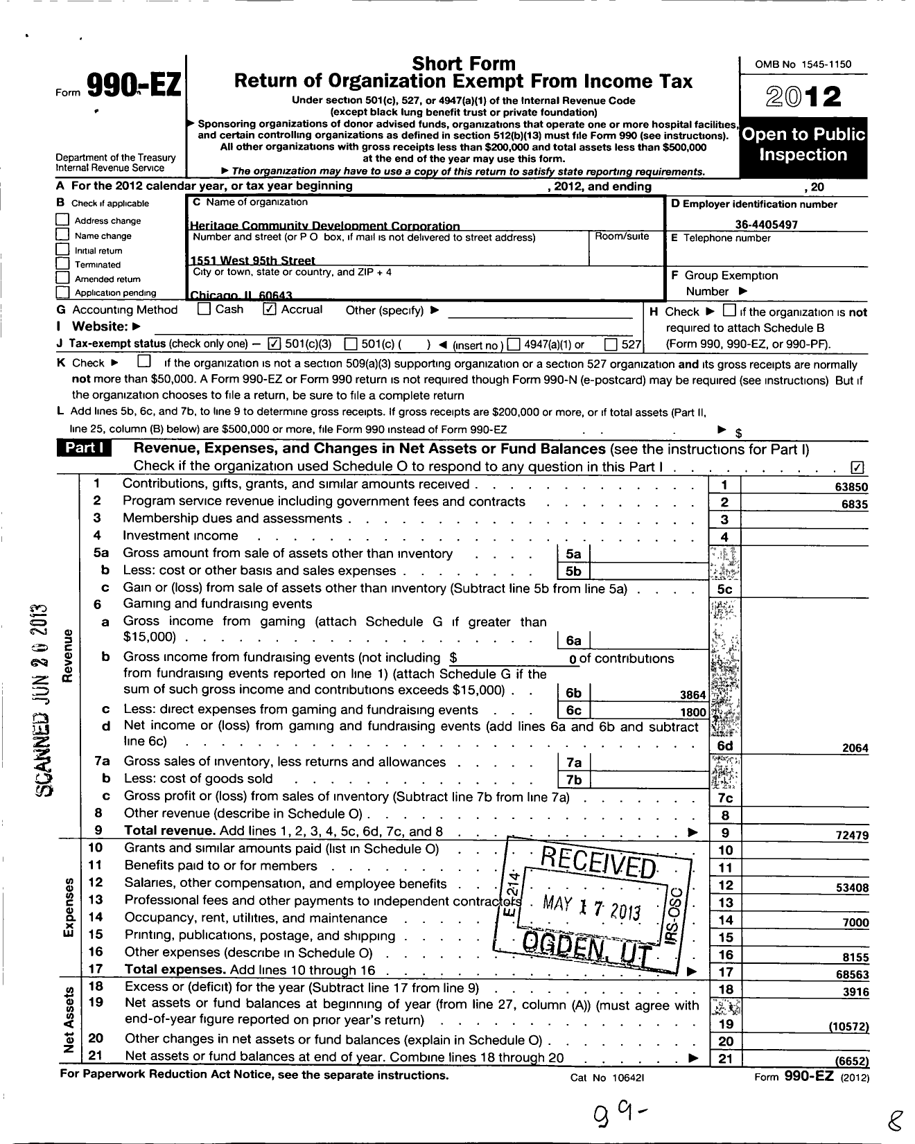 Image of first page of 2012 Form 990EZ for Heritage Community Development Corporation