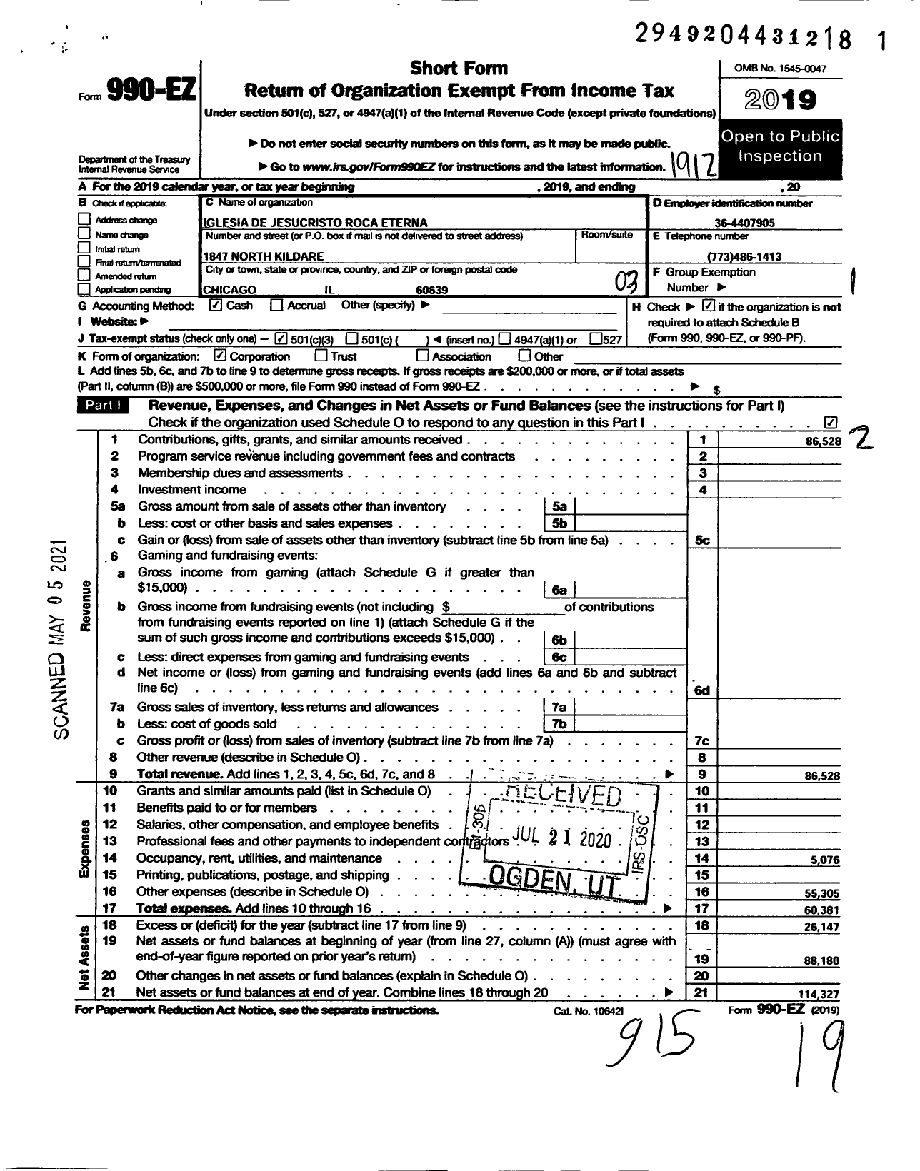 Image of first page of 2019 Form 990EZ for Iglesia de Jesucristo Roca Eterna