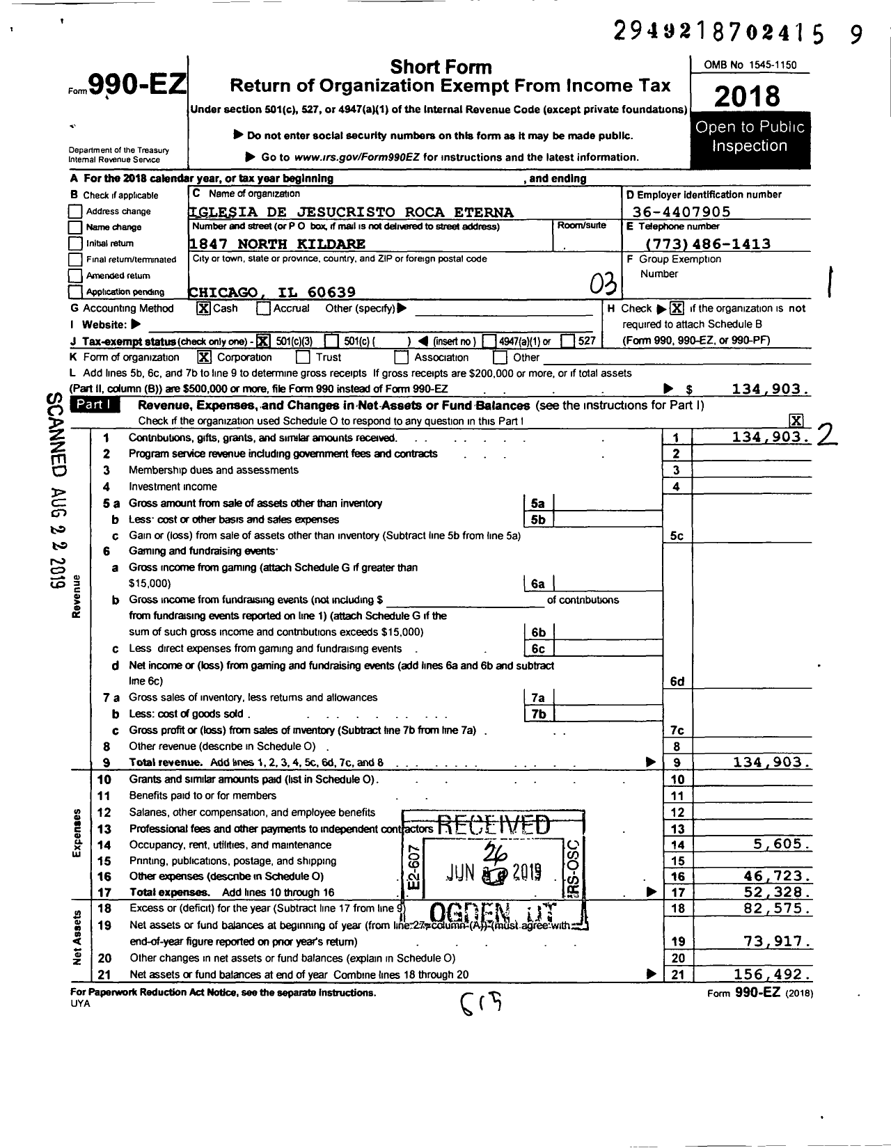 Image of first page of 2018 Form 990EZ for Iglesia de Jesucristo Roca Eterna