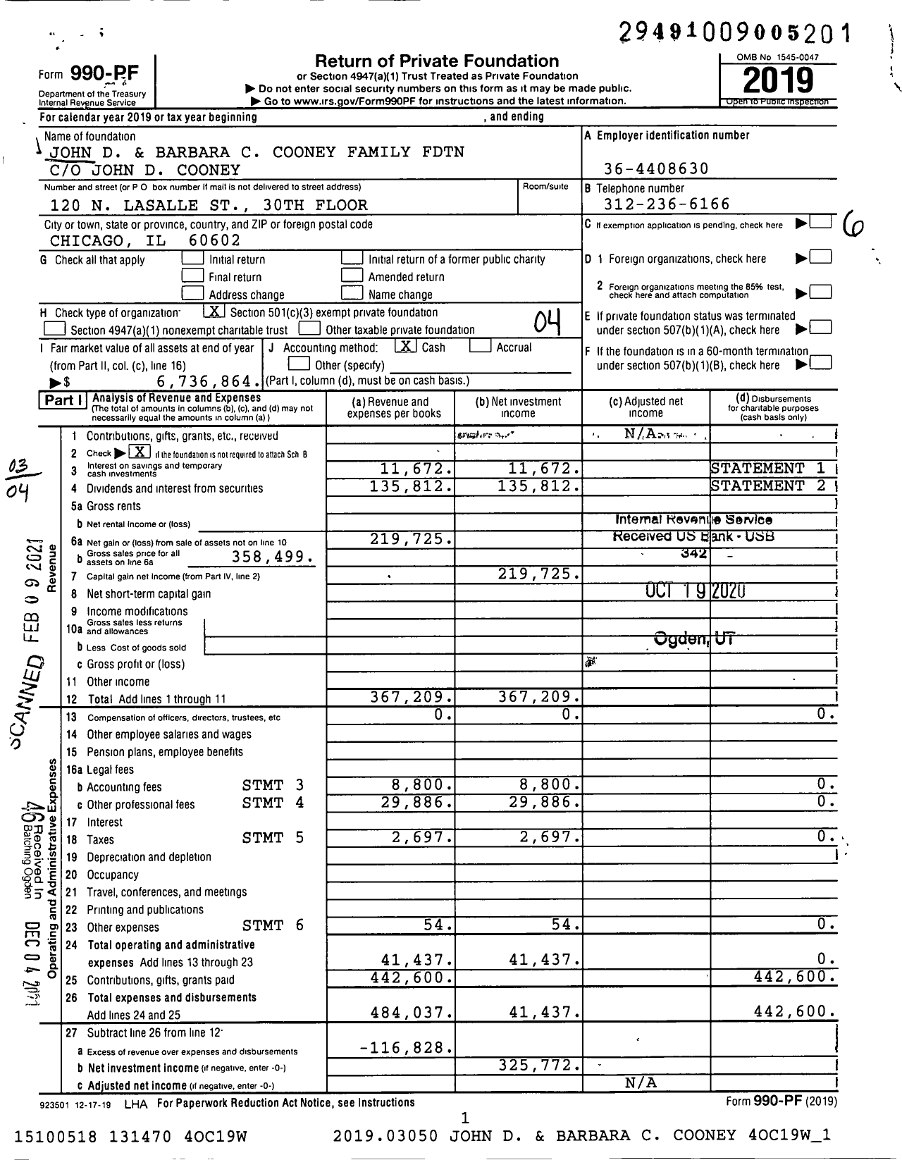 Image of first page of 2019 Form 990PF for John D and Barbara C Cooney Family FDTN