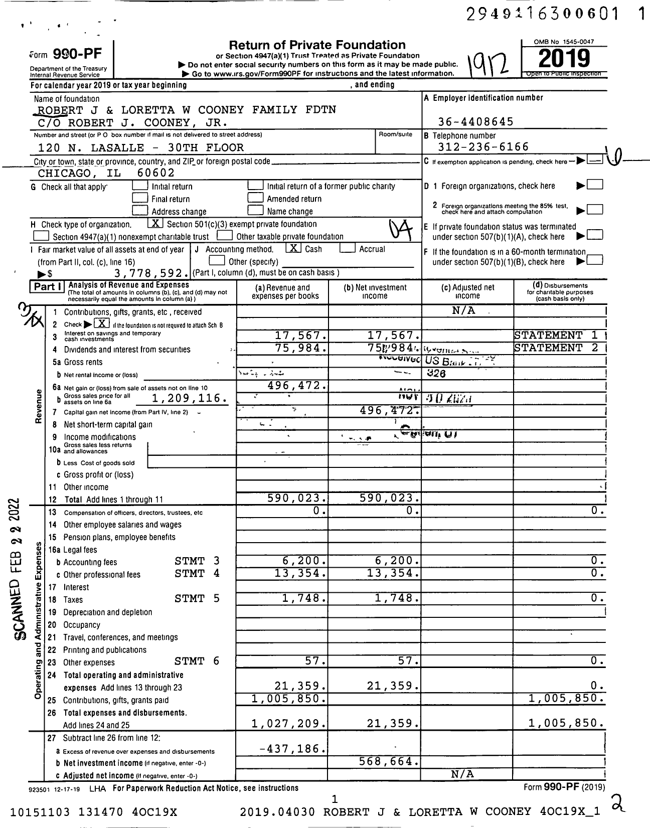 Image of first page of 2019 Form 990PF for Robert J and Loretta W Cooney Family FDTN