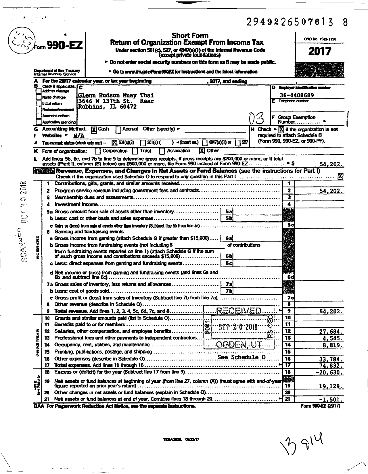 Image of first page of 2017 Form 990EZ for Glenn Hudson Muay Thai