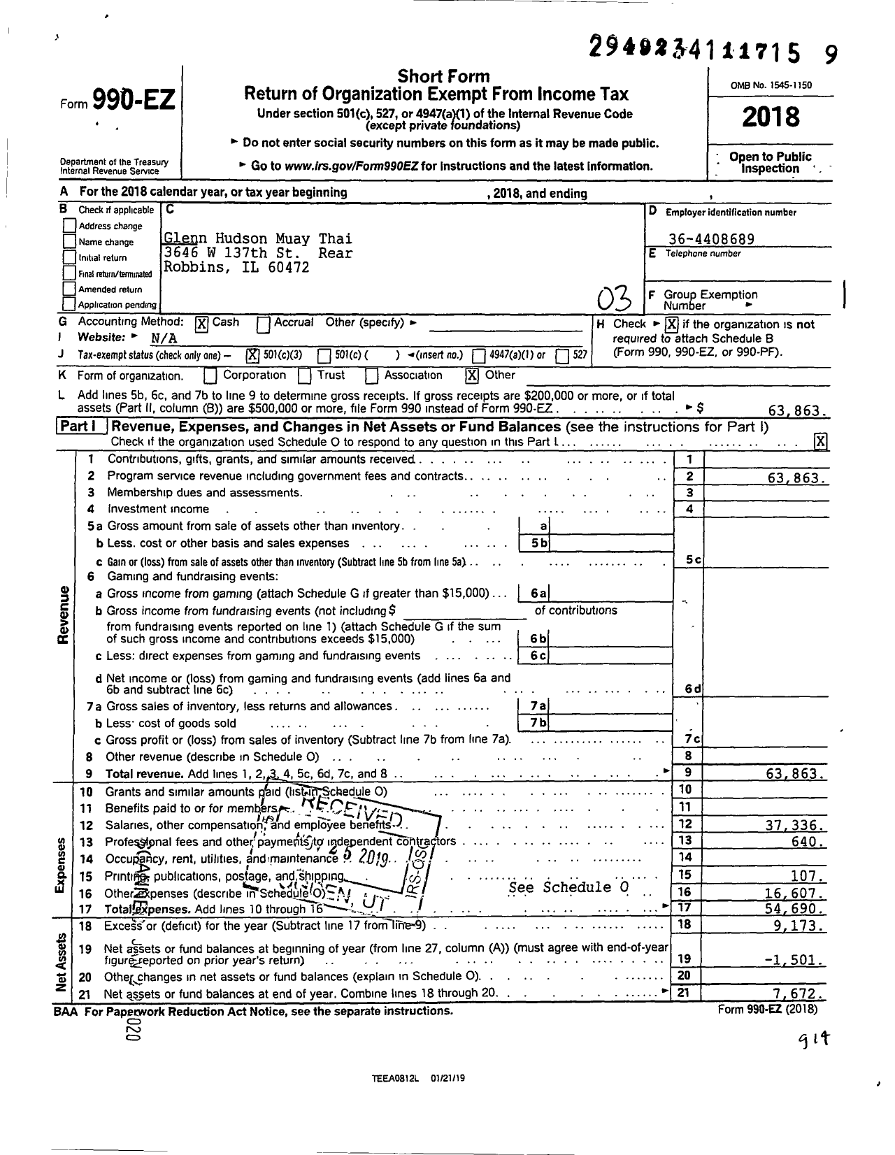 Image of first page of 2018 Form 990EZ for Glenn Hudson Muay Thai