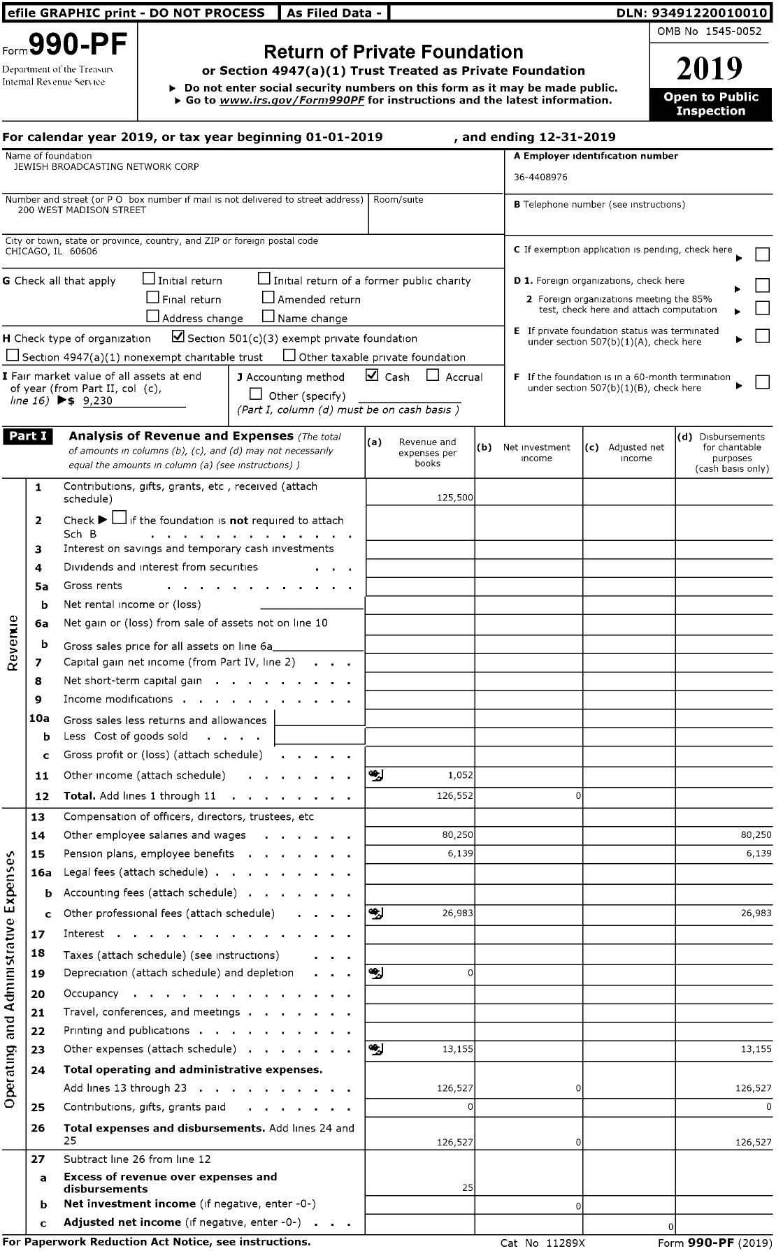 Image of first page of 2019 Form 990PR for Jewish Broadcasting Network Corporation