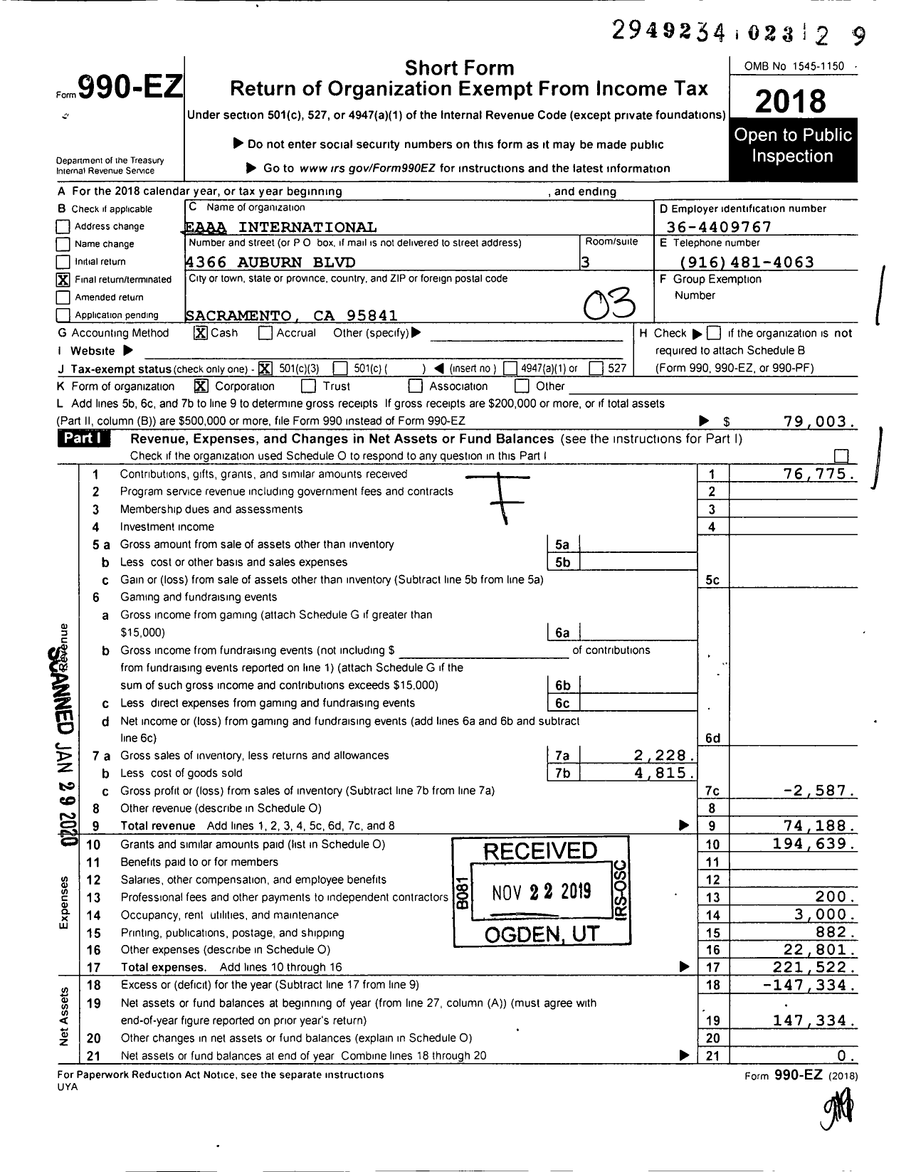 Image of first page of 2018 Form 990EZ for Eaaa International