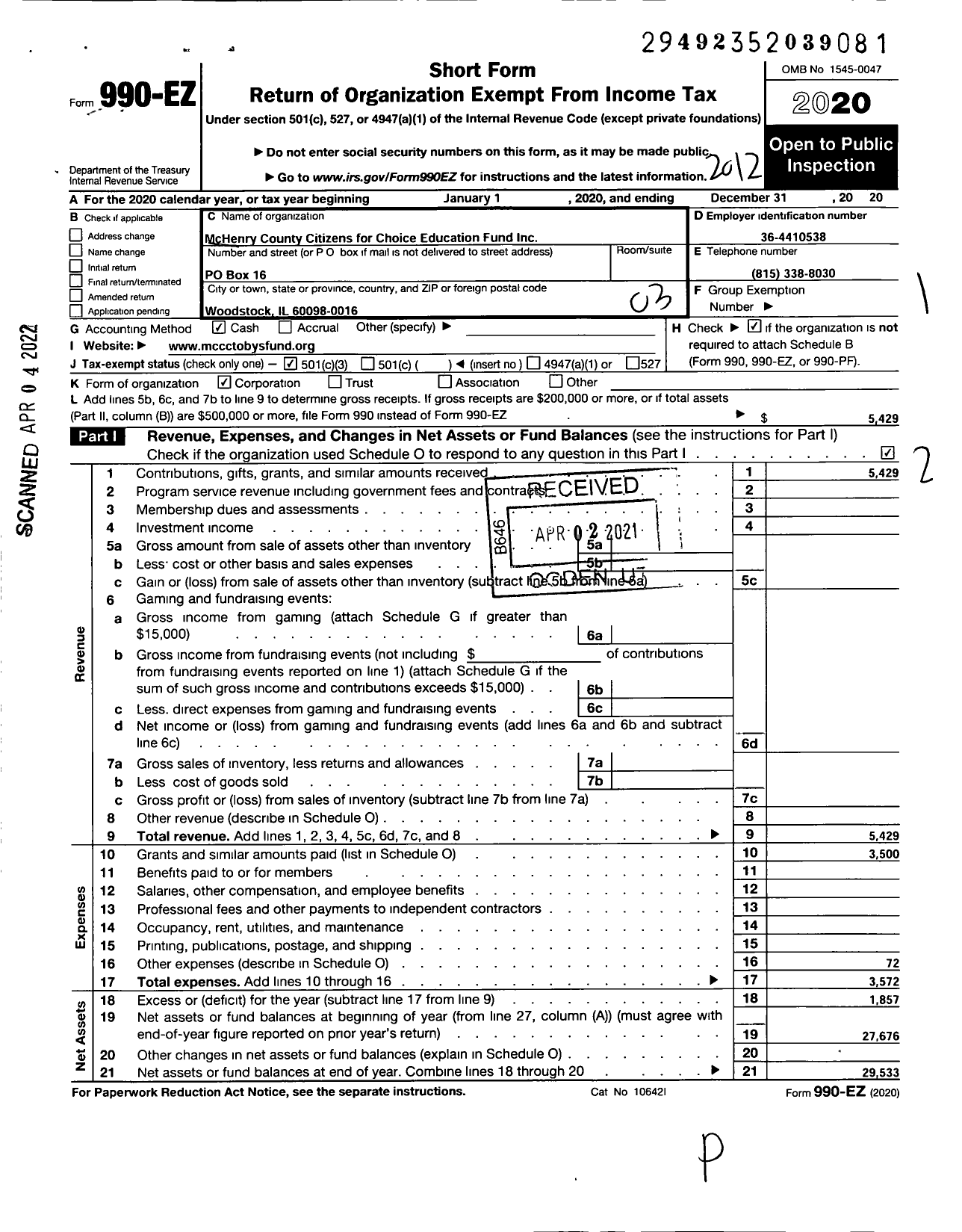 Image of first page of 2020 Form 990EZ for McHenry Henry County Citizens for Choice Education Fund
