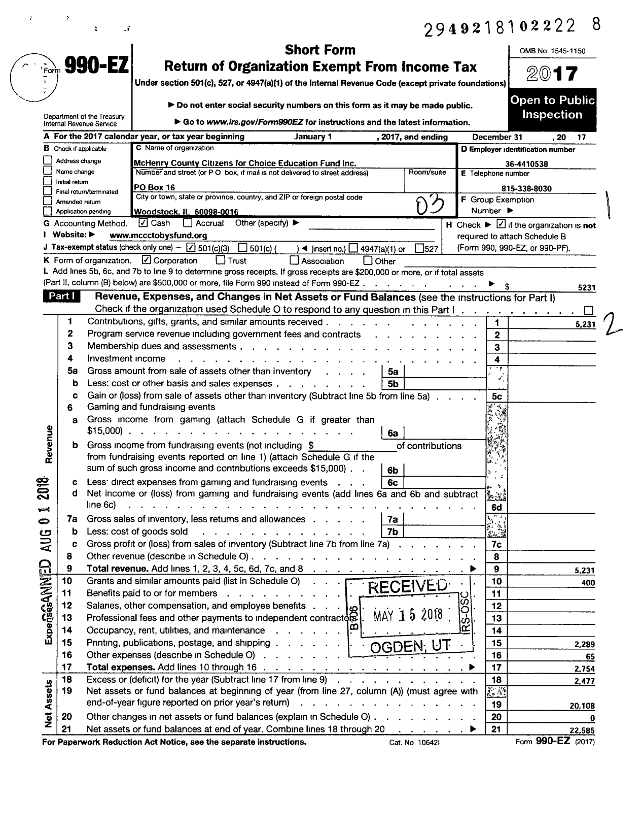 Image of first page of 2017 Form 990EZ for McHenry Henry County Citizens for Choice Education Fund