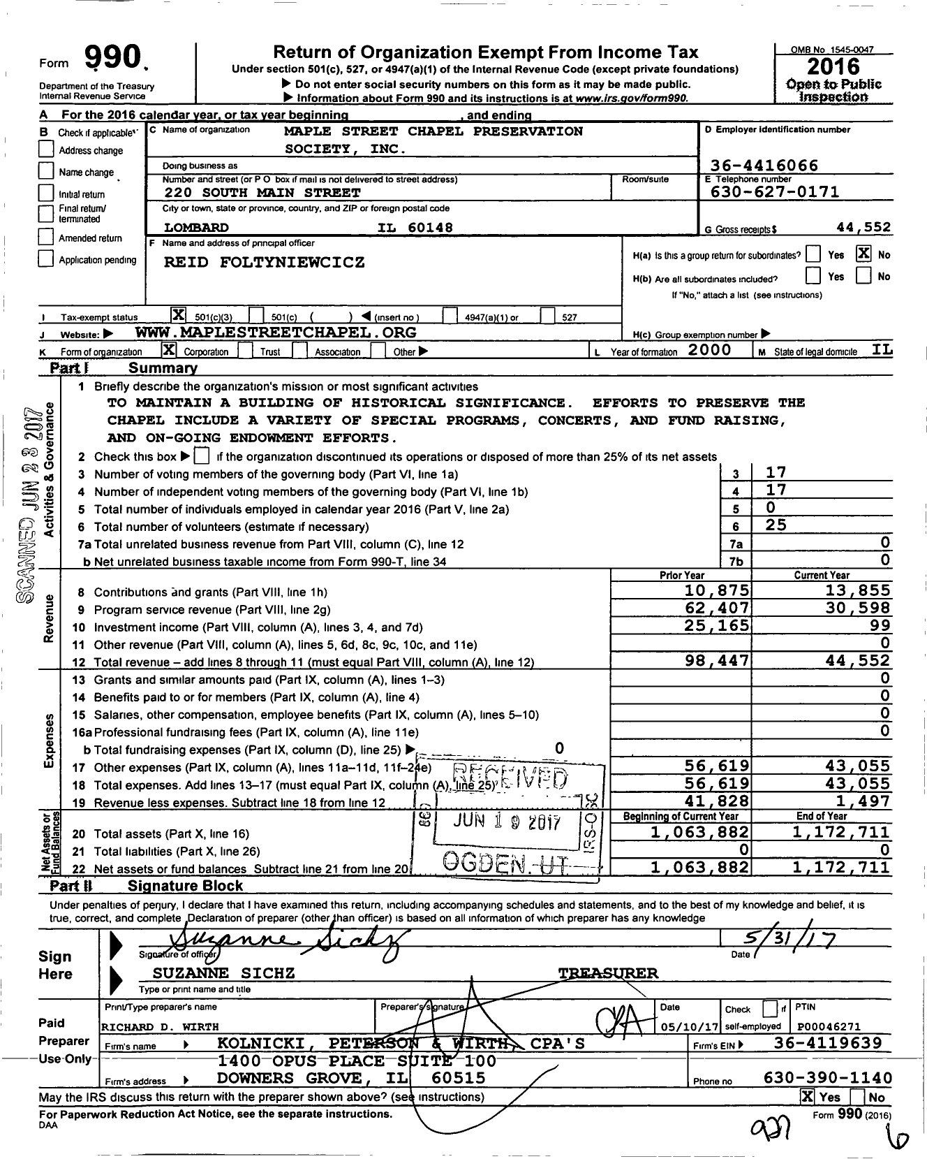 Image of first page of 2016 Form 990 for Maple Street Chapel Preservation Society