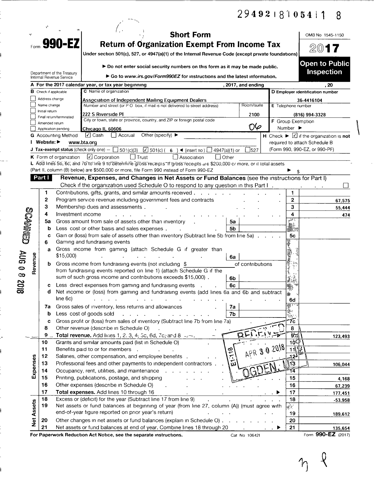 Image of first page of 2017 Form 990EO for Association of Independent Mailing Equipment Dealers