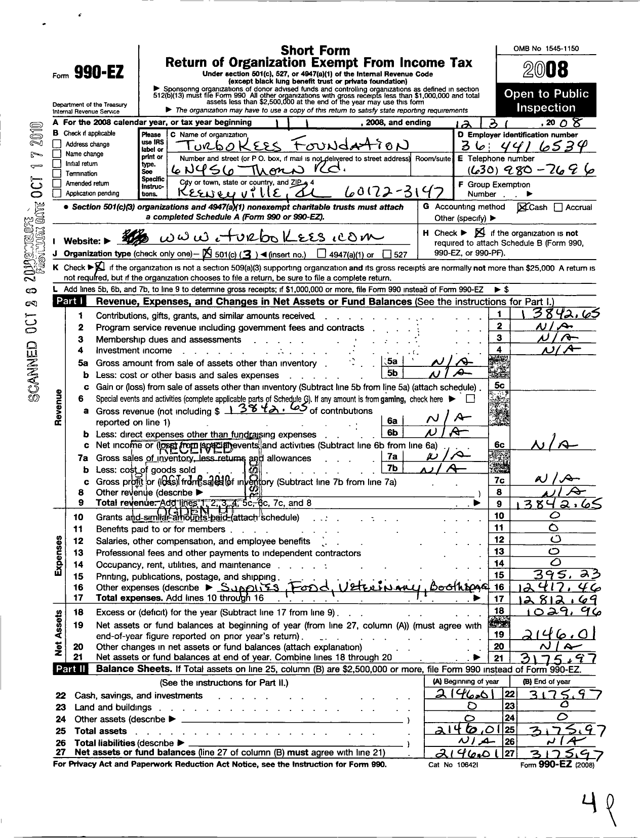 Image of first page of 2008 Form 990EZ for Turbo Kees Foundation